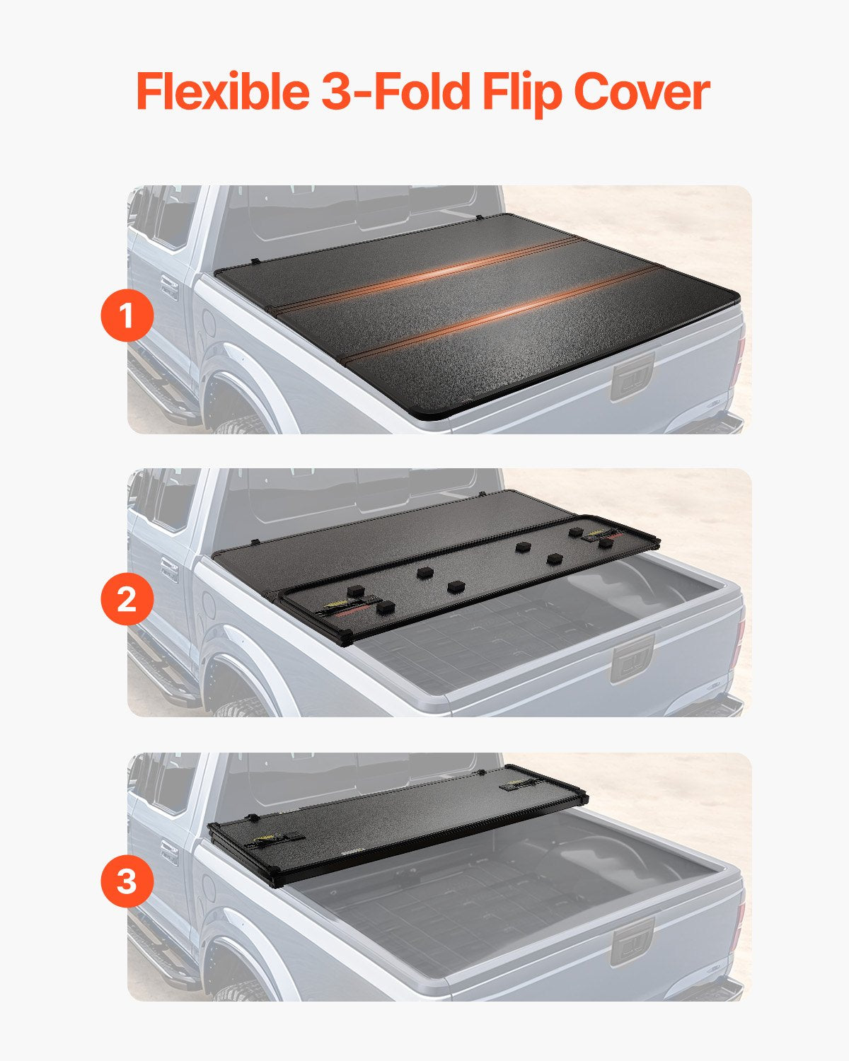 Tri-Fold Truck Bed Tonneau Cover, Compatible with 2015-2024 Ford F-150, 2004 mm Bed, Only Fit 2004 x 1656 mm Inside Bed, 181.4 kg Load Capacity with Built-in LED Light, Quick Folding, Black