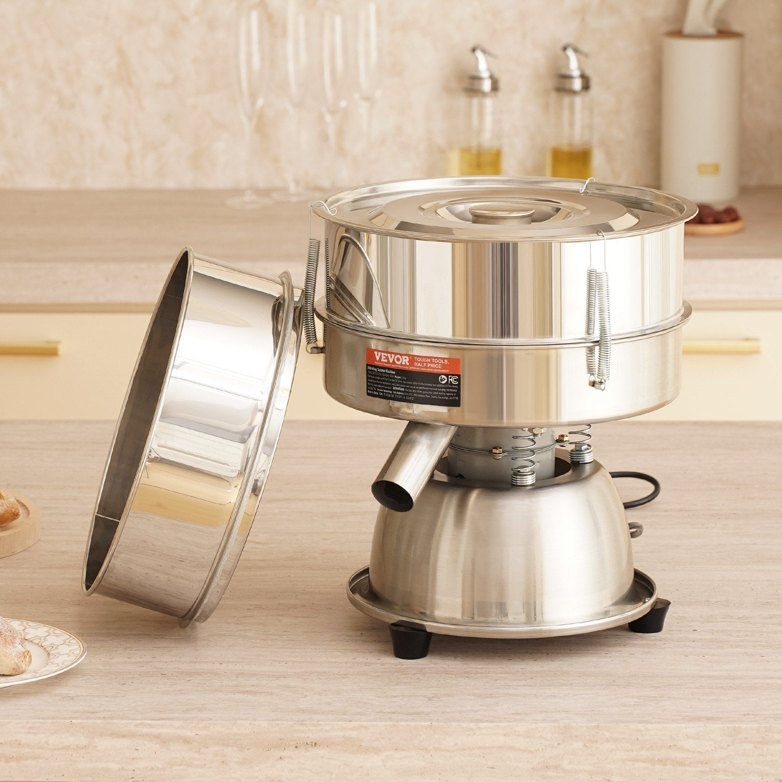 Automatic Electric Vibrating Sieve, Stainless Steel Sifter Shaker Machine with 30+50 Mesh, 45W Automatic Powder Sifter Machine Countertop, Electric Sieve Shaker for Flour Powers, Mungbean, Rice