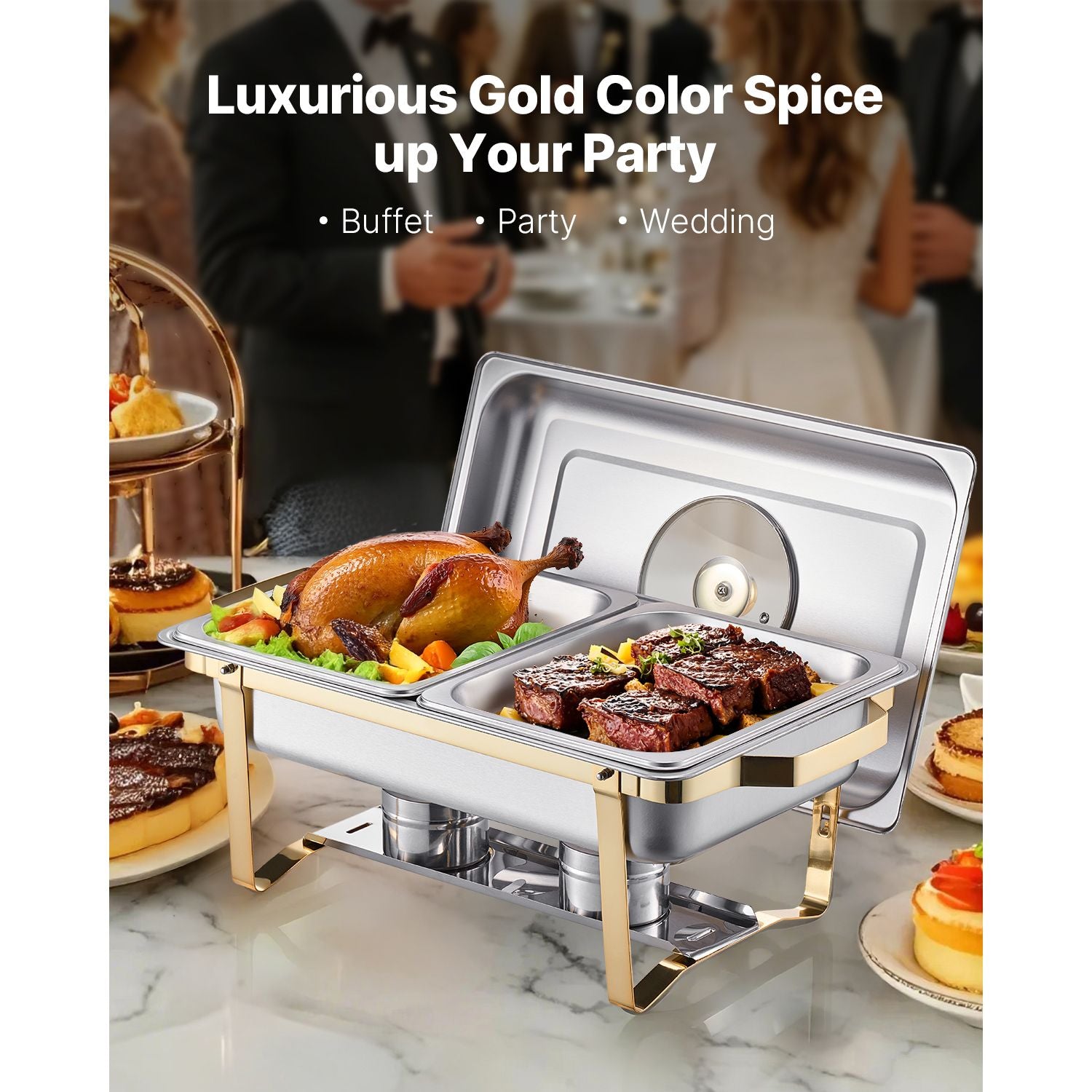 Chafing Dish Buffet Set, 4 Qt 2 Pack, Stainless Steel Chafer with 4 Half Size Pans, Rectangle Catering Warmer Server with Glass Lid Water Pan Folding Stand Fuel Holder, for Wedding Party Banquet