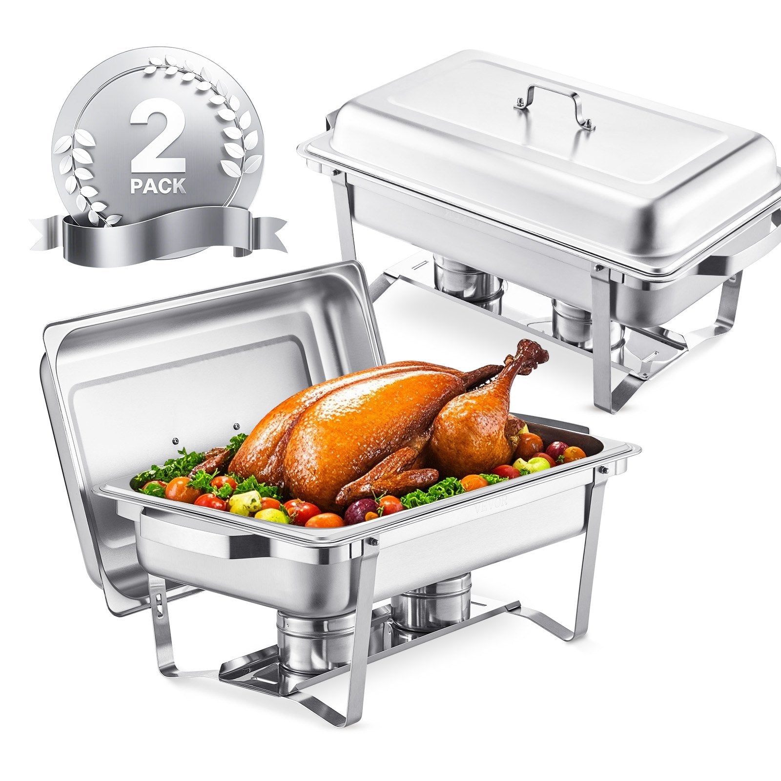 8 Qt 2 Pack Rectangle Chafing Dish Buffet Set Fullsize Pan Stainless Steel