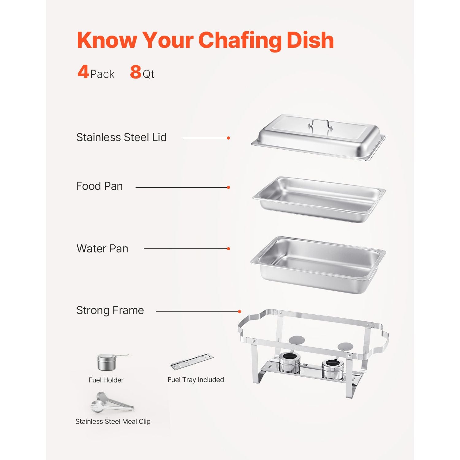 8 Qt 4 Pack Rectangle Chafing Dish Buffet Set Fullsize Pan Stainless Steel
