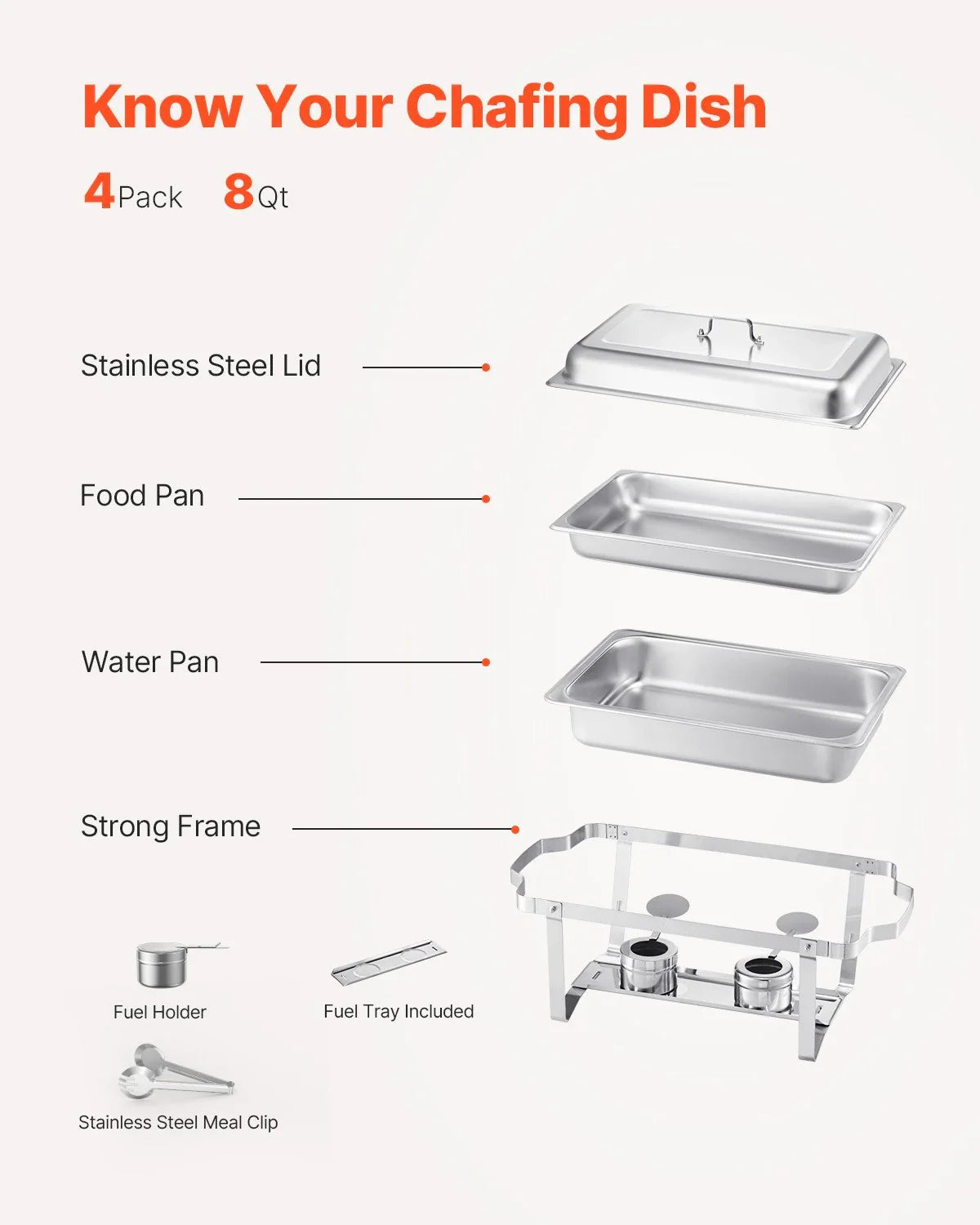 8 Qt 4 Pack Rectangle Chafing Dish Buffet Set Fullsize Pan Stainless Steel