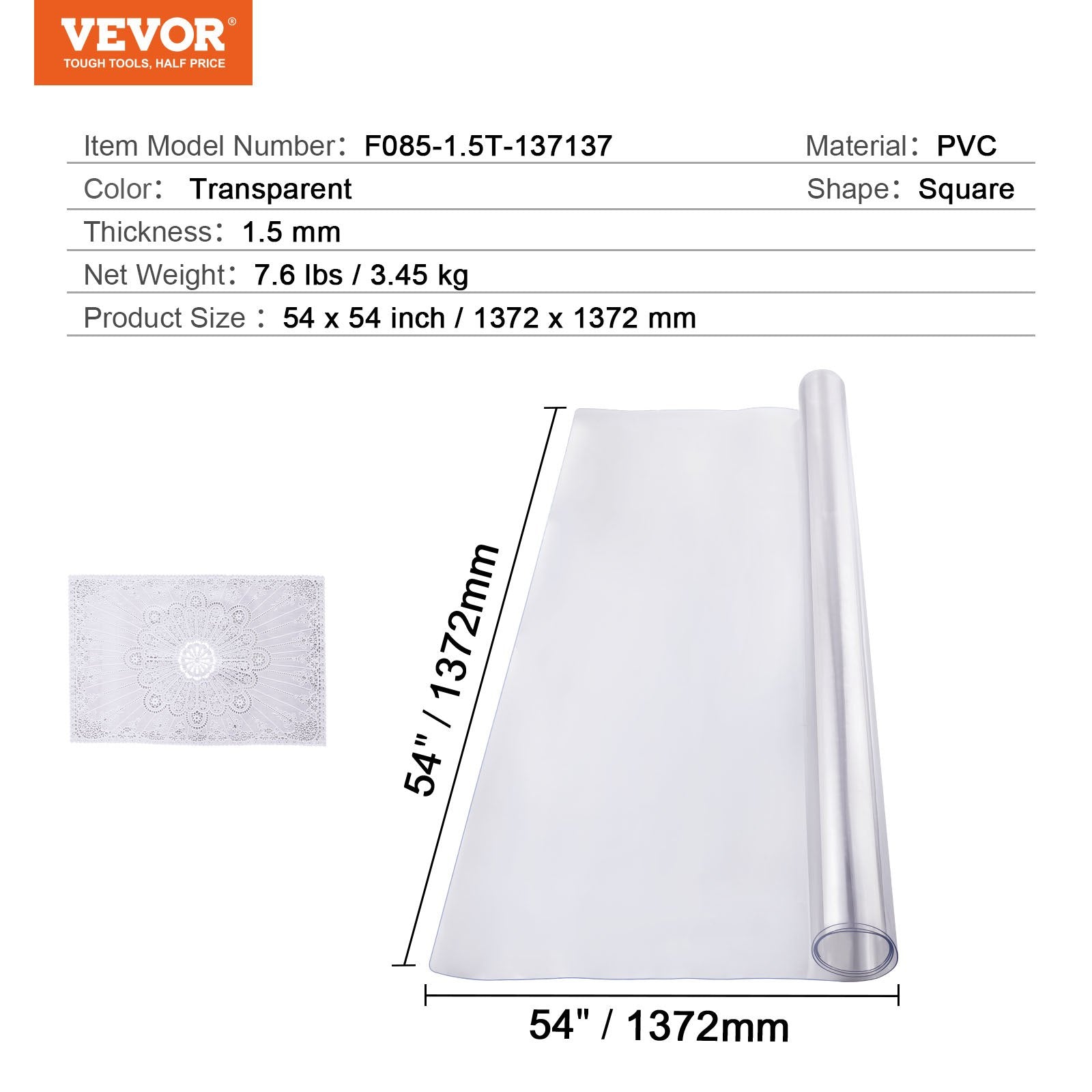 Plastic Table Cover, 54 x 54 Inch 1.5 mm Thick Clear Table Protector, Square PVC Desk Mat, Waterproof & Easy Cleaning Desk Pad Tablecloth, for Office Dresser Dining Room Table Night Stand