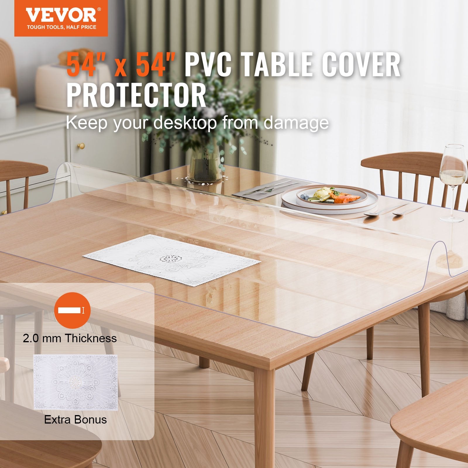 Plastic Table Cover, 54 x 54 Inch 2.0 mm Thick Clear Table Protector, Square PVC Desk Mat, Waterproof & Easy Cleaning Desk Pad Tablecloth, for Office Dresser Dining Room Table Night Stand