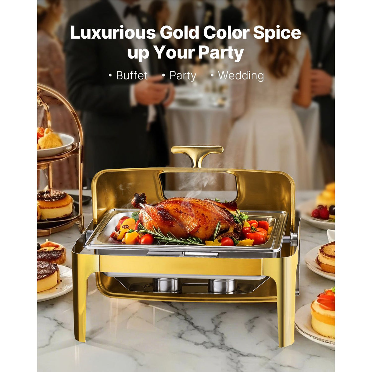 9Qt Roll Top Chafing Dish Buffet Set Gold Stainless Steel Warmer, Visible Lid