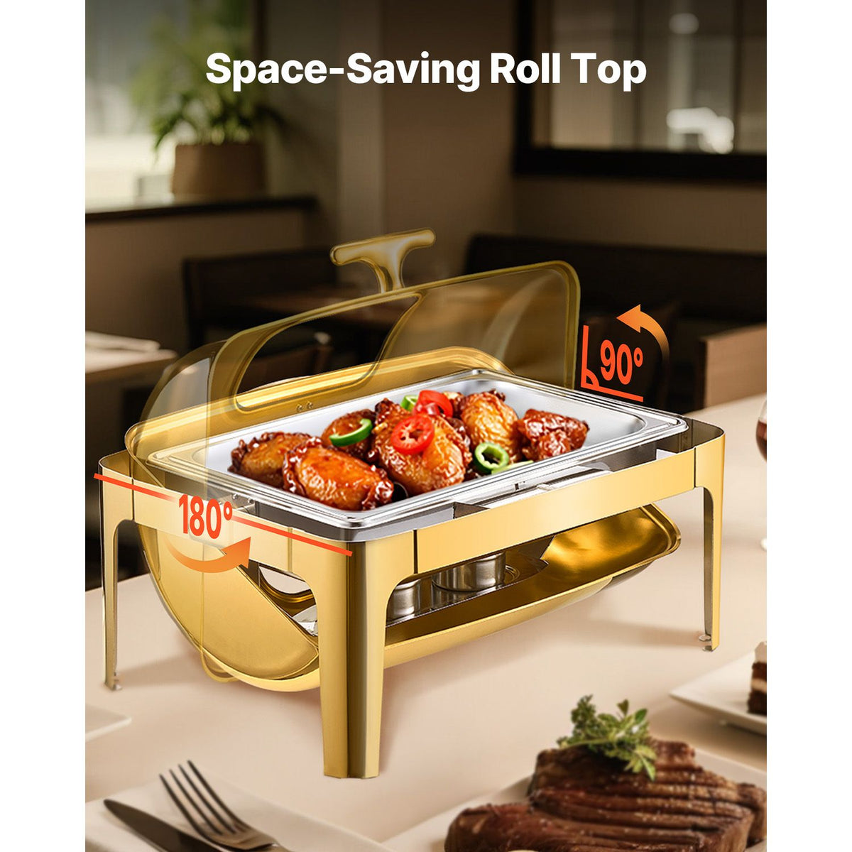 9Qt Roll Top Chafing Dish Buffet Set Gold Stainless Steel Warmer, Visible Lid