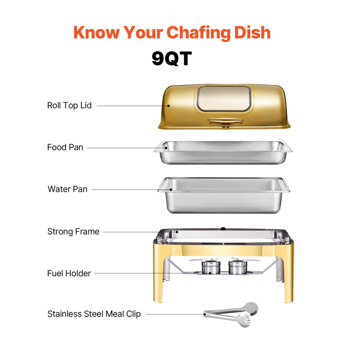 9Qt Roll Top Chafing Dish Buffet Set Gold Stainless Steel Warmer, Visible Lid