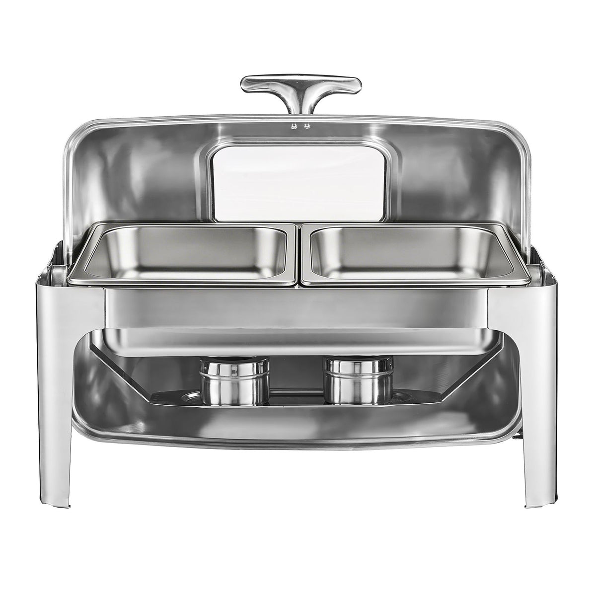 Roll Top Chafing Dish Buffet Complete Set, 9 Qt 1 Pack Stainless Steel Chafer with 2 Half Size Pans, Rectangle Catering Warmer Server with Visible Lid Water Pan Folding Stand Fuel Holder, Silver