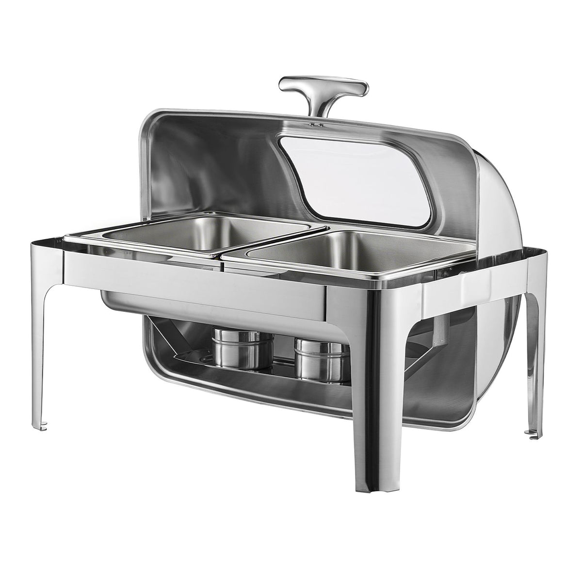 Roll Top Chafing Dish Buffet Complete Set, 9 Qt 1 Pack Stainless Steel Chafer with 2 Half Size Pans, Rectangle Catering Warmer Server with Visible Lid Water Pan Folding Stand Fuel Holder, Silver