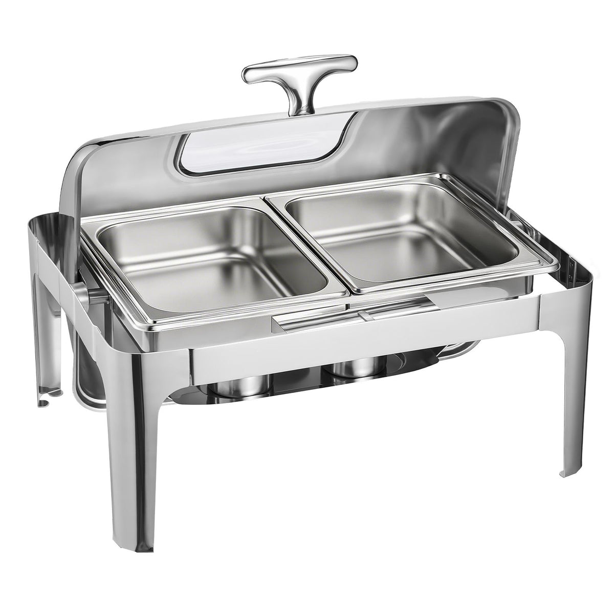 Roll Top Chafing Dish Buffet Complete Set, 9 Qt 1 Pack Stainless Steel Chafer with 2 Half Size Pans, Rectangle Catering Warmer Server with Visible Lid Water Pan Folding Stand Fuel Holder, Silver