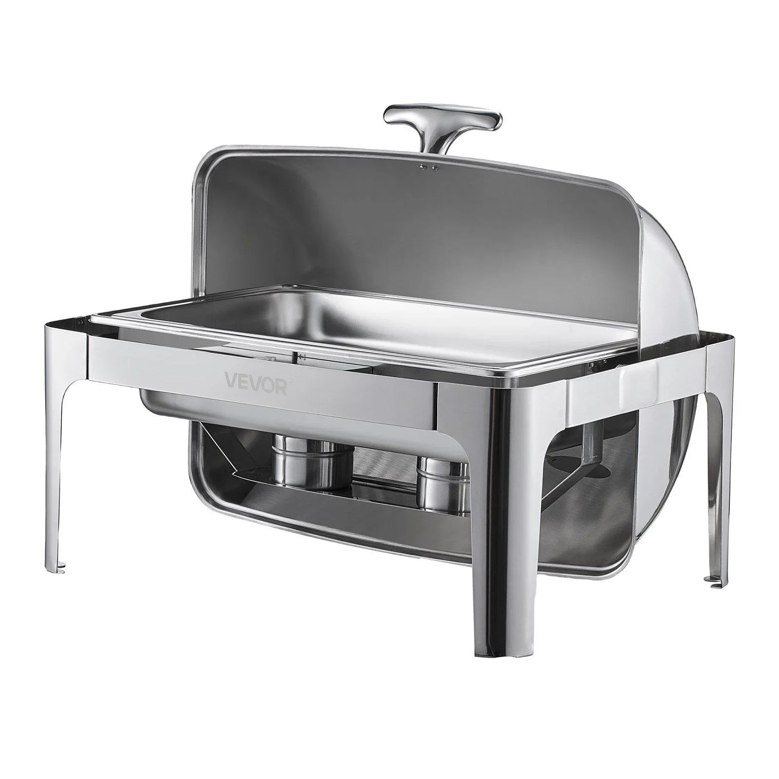 Roll Top Chafing Dish Buffet Complete Set, 9Qt Stainless Steel Chafer with Full Size Pan, Rectangle Catering Warmer Server with Lid Water Pan Folding Stand Fuel Holder Meal Clip, Silver