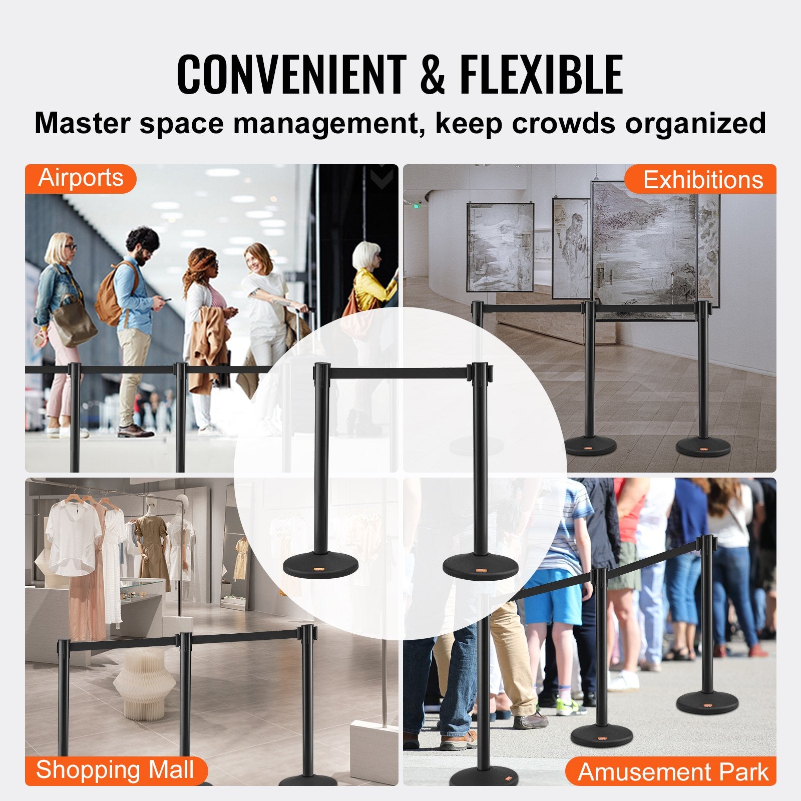 Crowd Control Stanchions, 6-Pack Crowd Control Barriers with 3PCS 6.5FT Black Retractable Belts, Plastic Stanchion Queue Post, Belt Barriers Line Divider Stanchion Set for Airport, Exhibition