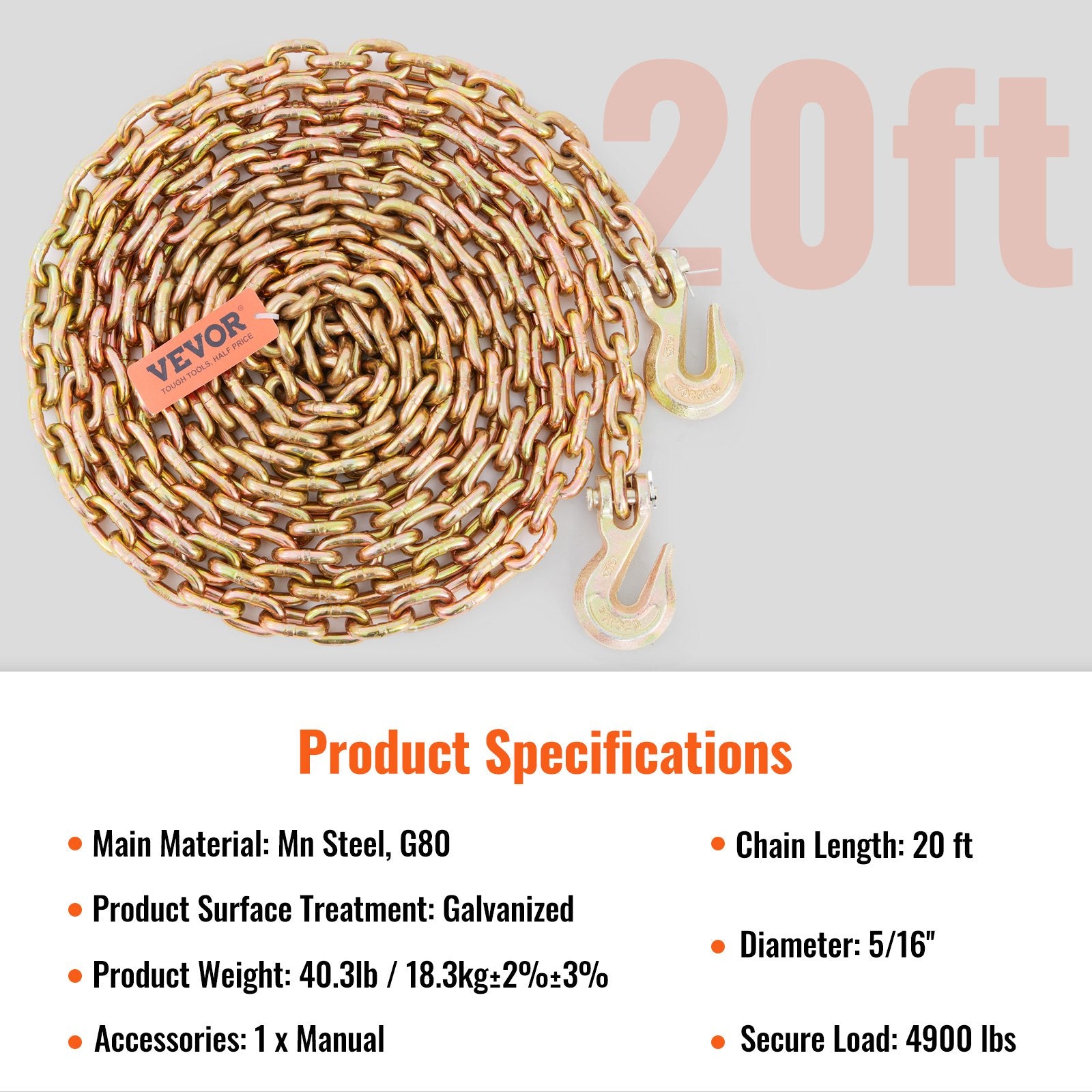 Transport Binder Chain, 2222 kg Working Load Limit, 5/16''x20' G80 Tow Chain Tie Down with Grab Hooks, DOT Certified, Galvanized Coating Manganese Steel for Dock Factory Construction Site, 2Pack