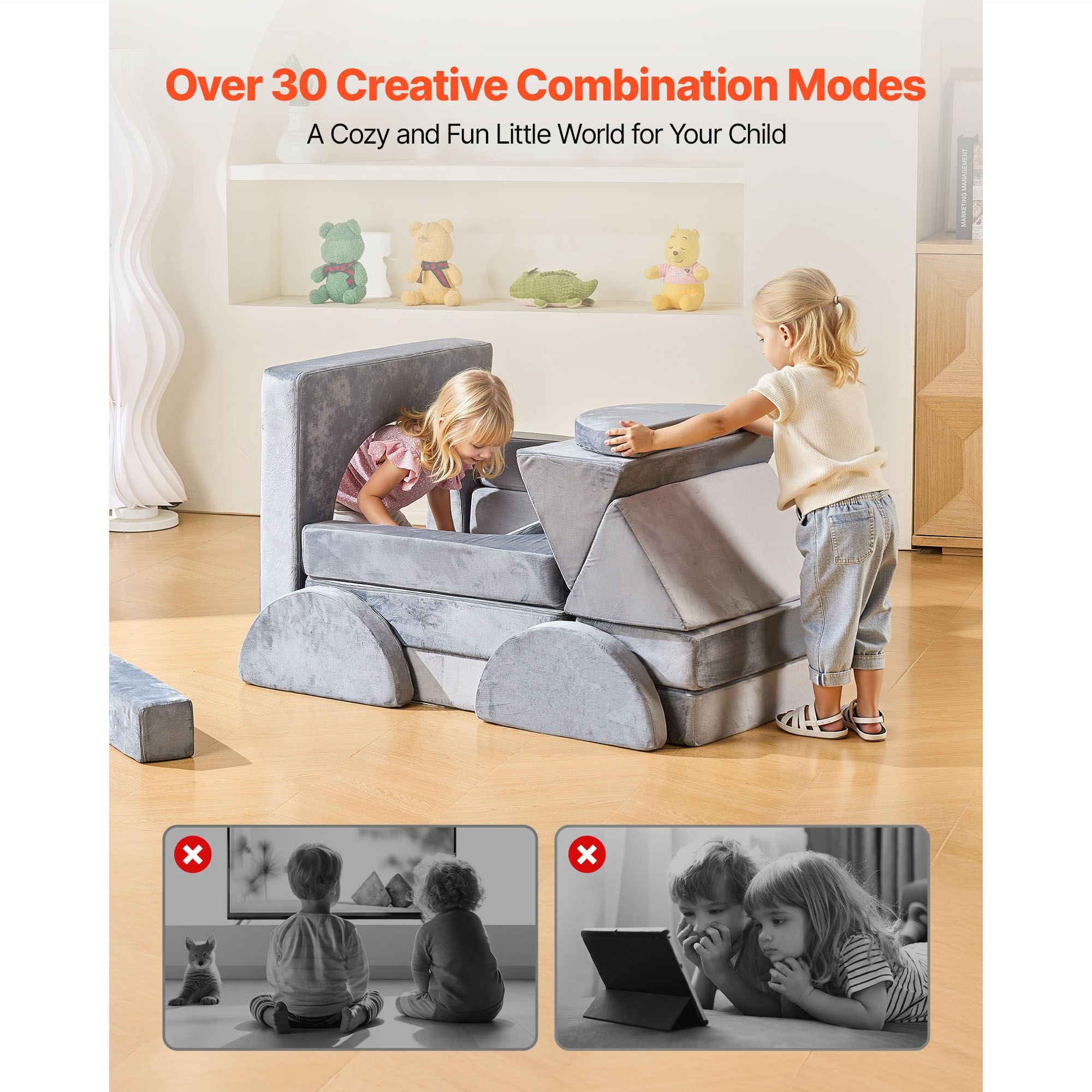 14 Piece Modular Kids Play Couch Sofa 28D Foam Convertible Toddler Gray