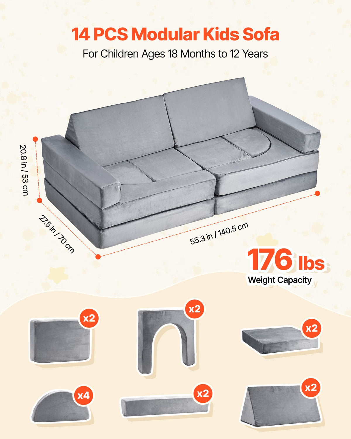 14 Piece Modular Kids Play Couch Sofa 28D Foam Convertible Toddler Gray