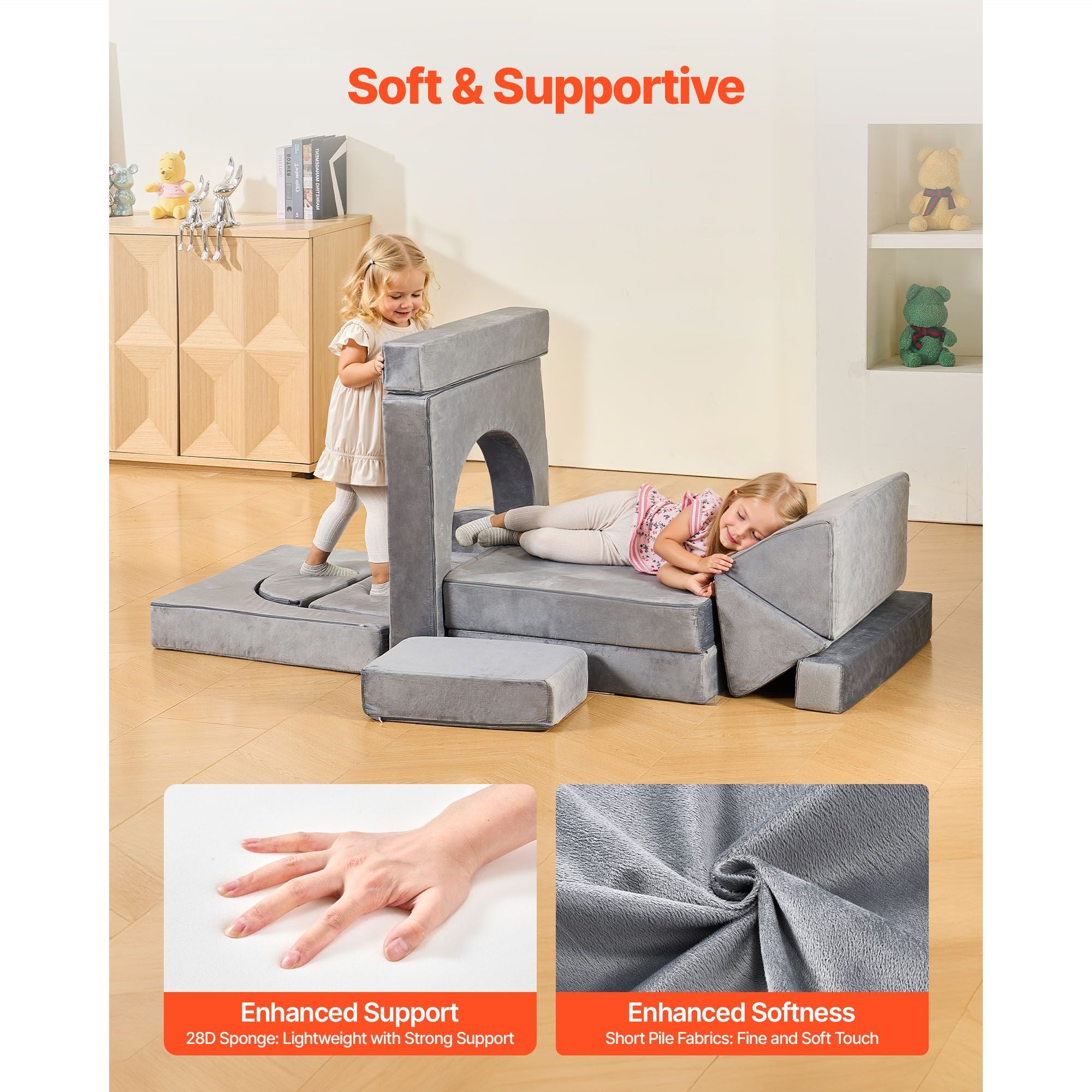 14 Piece Modular Kids Play Couch Sofa 28D Foam Convertible Toddler Gray
