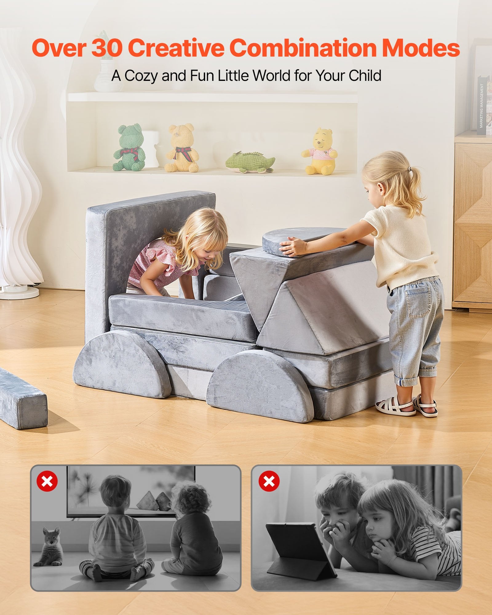 Modular Kids Play Couch, Sectional Toddler Sofa with Armrests, 28D Sponge & Short Pile, Convertible Kids Modular Couch DIY Creative Combination for Playroom, Bedroom, Living Room, 14 Pcs, Gray