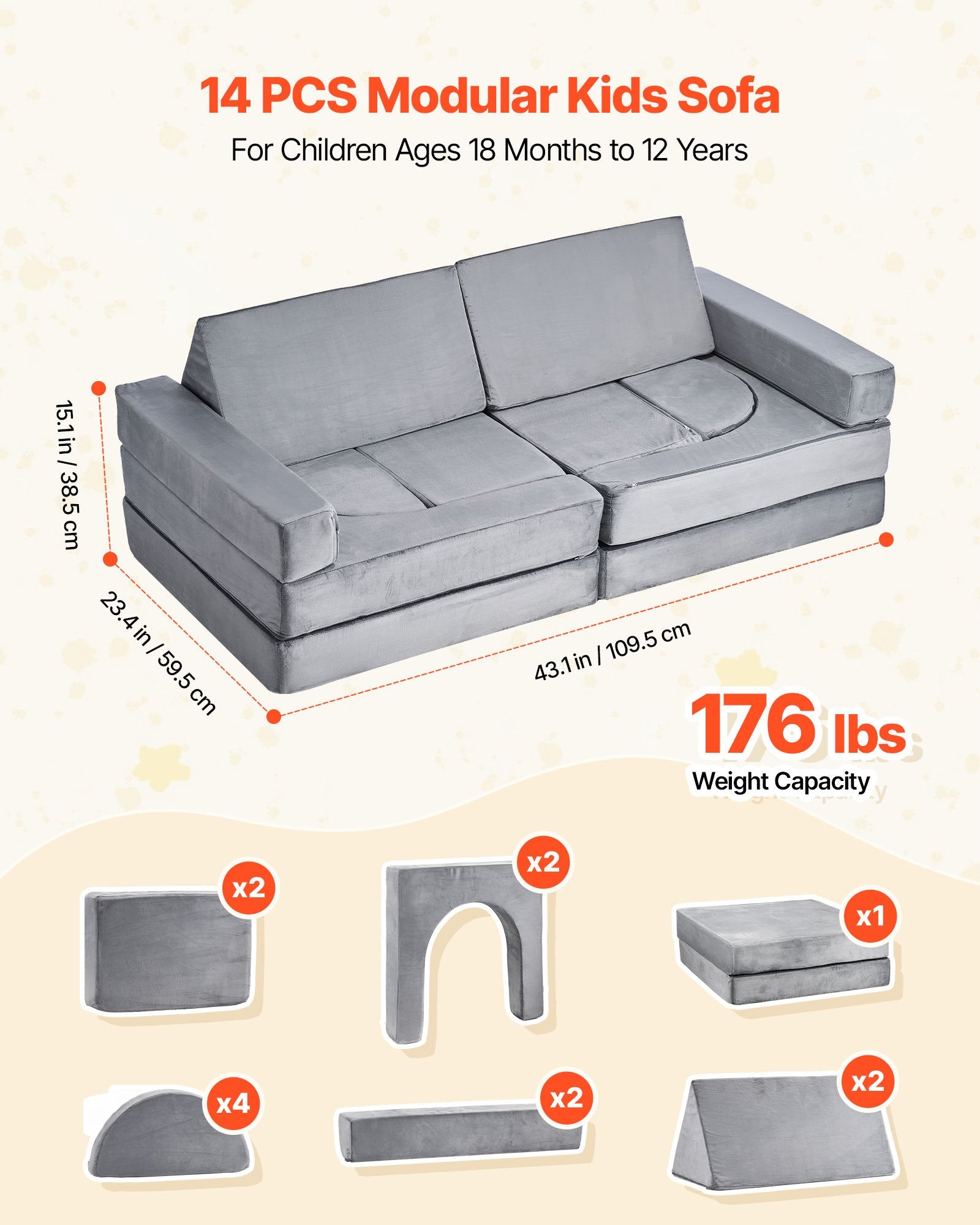 Modular Kids Play Couch, Sectional Toddler Sofa with Armrests, 28D Sponge & Short Pile, Convertible Kids Modular Couch DIY Creative Combination for Playroom, Bedroom, Living Room, 14 Pcs, Gray