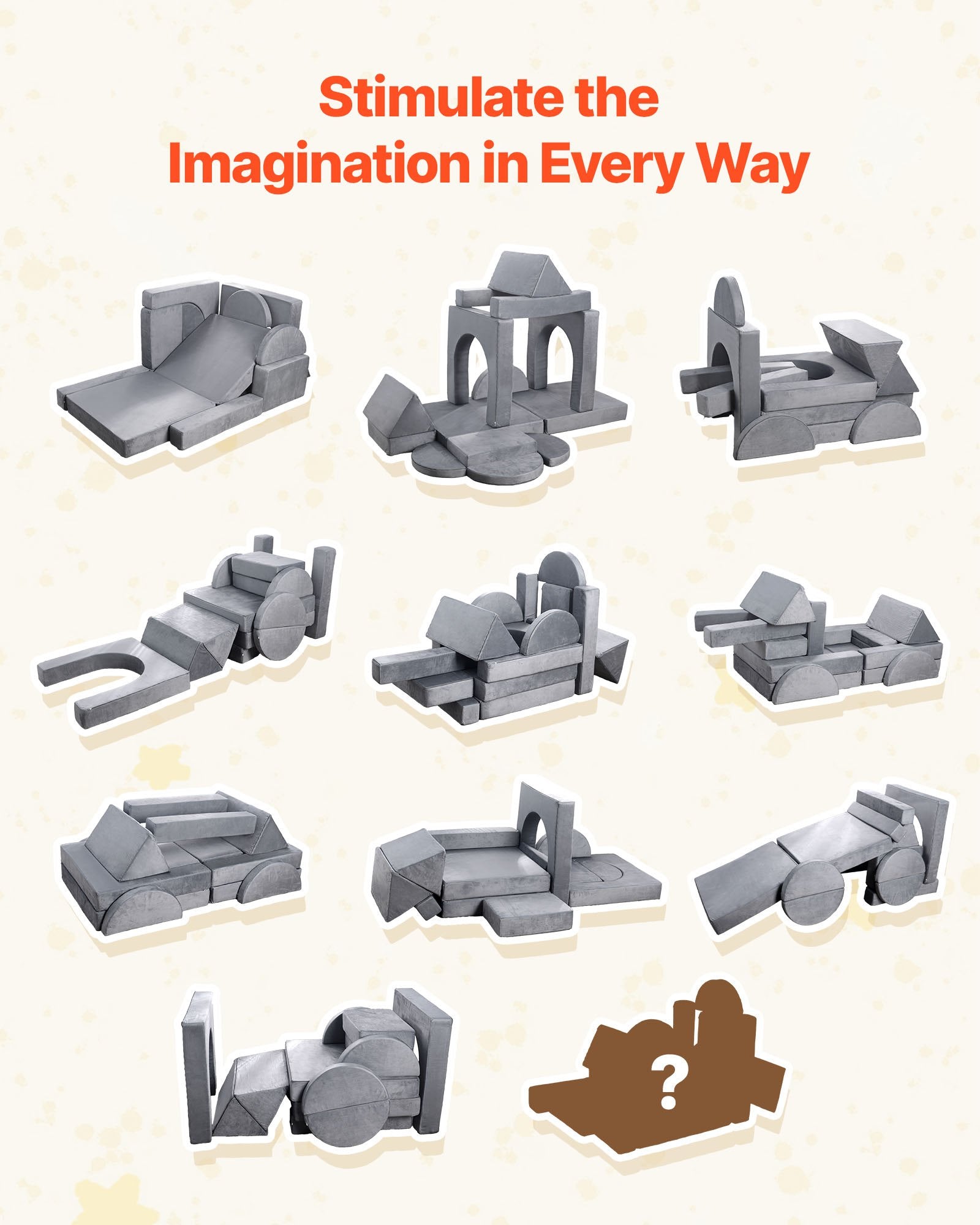 Modular Kids Play Couch, Sectional Toddler Sofa with Armrests, 28D Sponge & Short Pile, Convertible Kids Modular Couch DIY Creative Combination for Playroom, Bedroom, Living Room, 14 Pcs, Gray