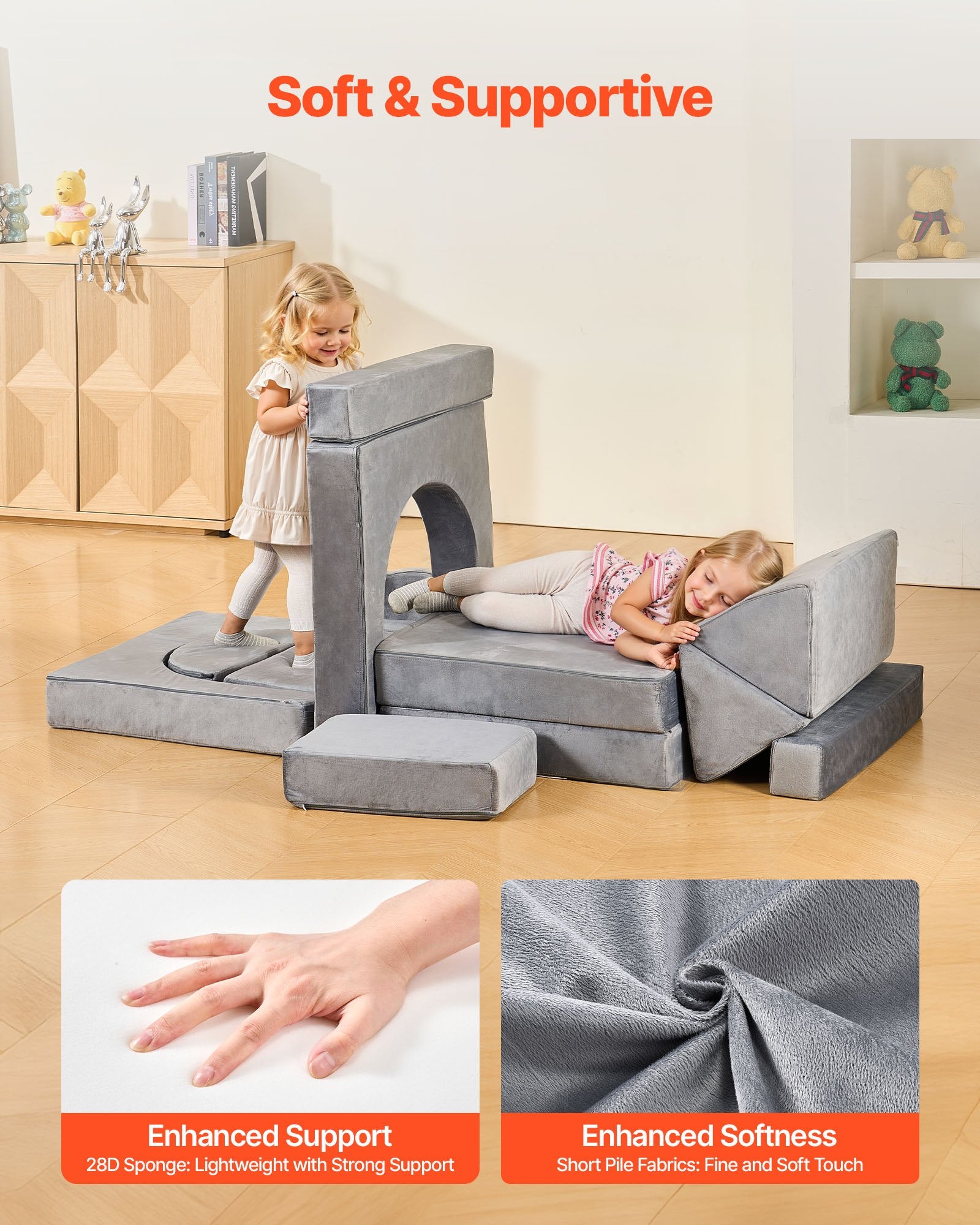Modular Kids Play Couch, Sectional Toddler Sofa with Armrests, 28D Sponge & Short Pile, Convertible Kids Modular Couch DIY Creative Combination for Playroom, Bedroom, Living Room, 14 Pcs, Gray