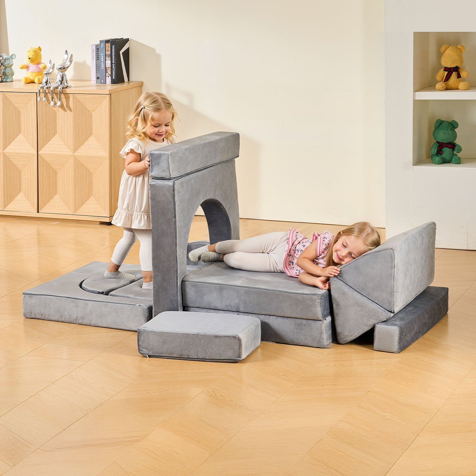 Modular Kids Play Couch, Sectional Toddler Sofa with Armrests, 28D Sponge & Short Pile, Convertible Kids Modular Couch DIY Creative Combination for Playroom, Bedroom, Living Room, 14 Pcs, Gray