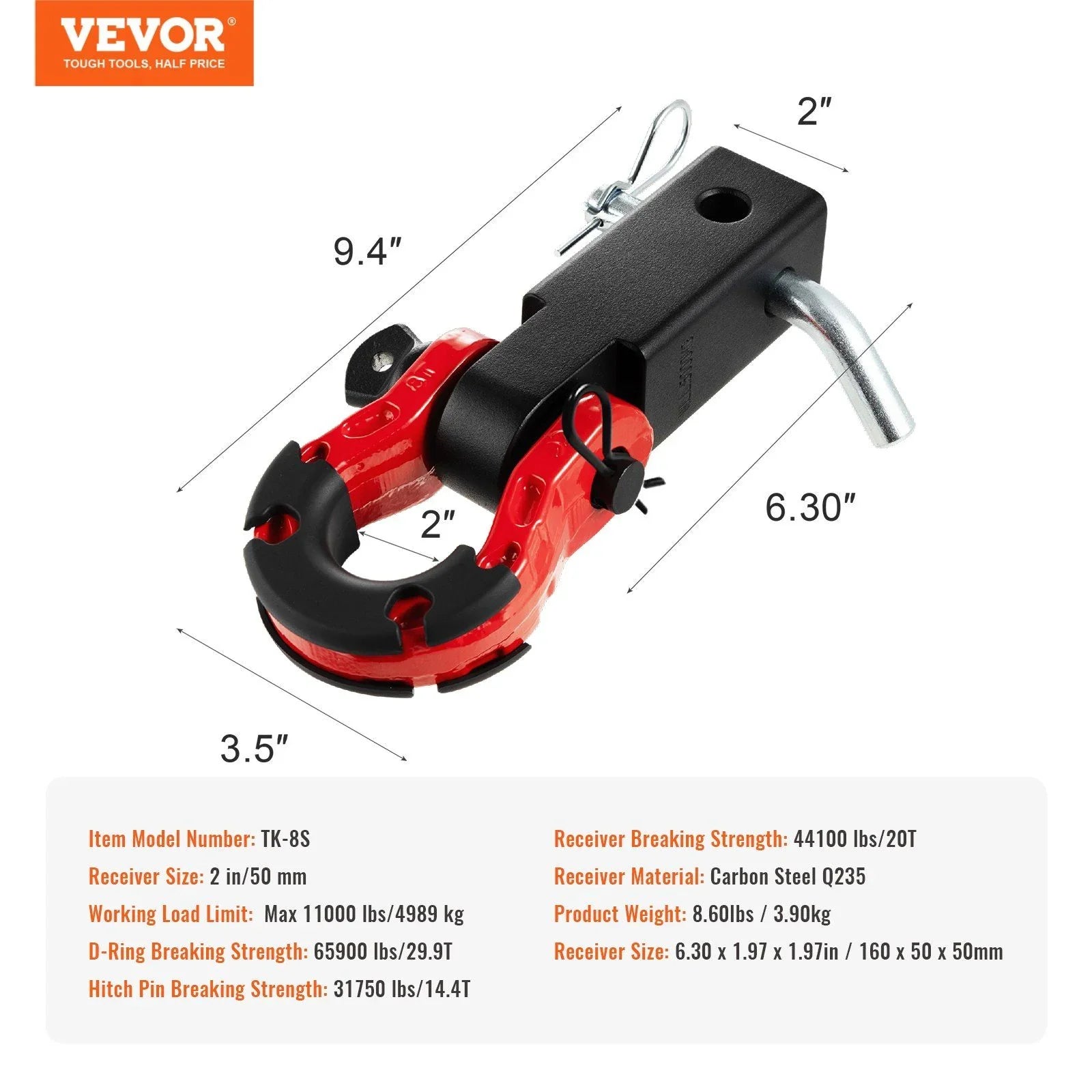Shackle Hitch Receiver, Fits 50 mm Receivers, 29.9 Tons Breaking Strength, D Ring Shackle with Trailer Hitch Lock Pin, Heavy Duty Towing Accessories for Trucks, Jeeps, Off-Road Vehicle Recovery