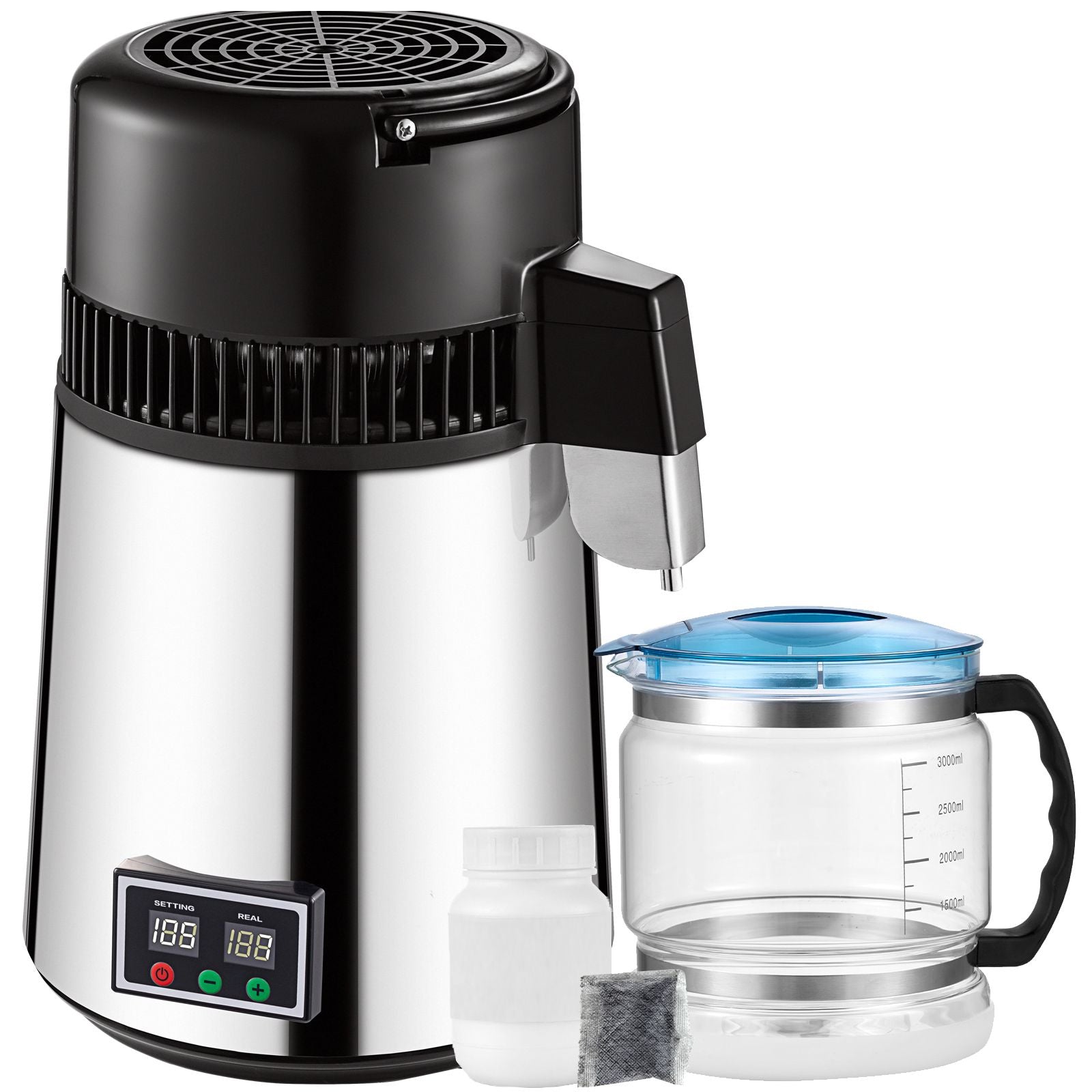 1.1 Gal Water Distiller, 0.3 Gal/H, 750W Distilled Water Maker Machine 0-99H Timing Set Temp Display, 304 Stainless Steel Countertop Distiller Glass Carafe Cleaning Powder 3 Carbon Packs, Silver