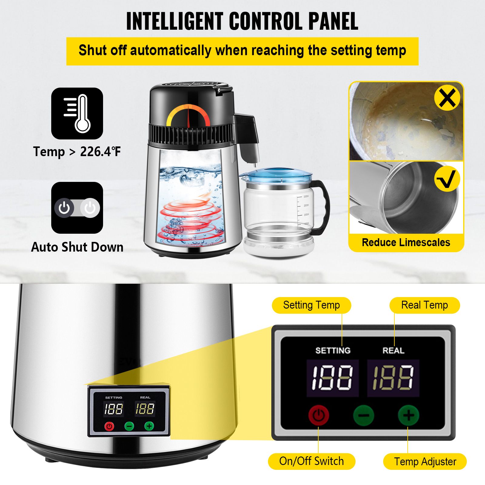 1.1 Gal Water Distiller, 0.3 Gal/H, 750W Distilled Water Maker Machine 0-99H Timing Set Temp Display, 304 Stainless Steel Countertop Distiller Glass Carafe Cleaning Powder 3 Carbon Packs, Silver