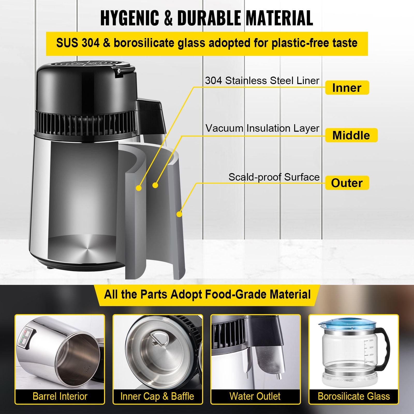 1.1 Gal Water Distiller, 0.3 Gal/H, 750W Distilled Water Maker Machine 0-99H Timing Set Temp Display, 304 Stainless Steel Countertop Distiller Glass Carafe Cleaning Powder 3 Carbon Packs, Silver