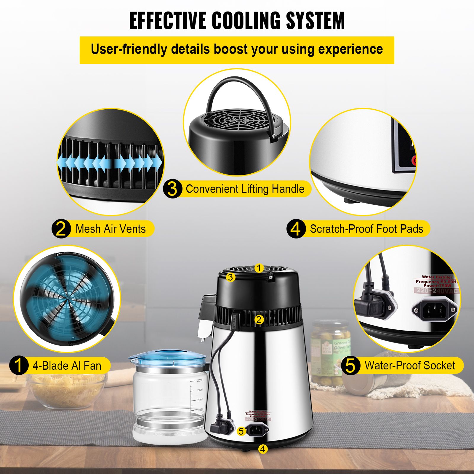 1.1 Gal Water Distiller, 0.3 Gal/H, 750W Distilled Water Maker Machine 0-99H Timing Set Temp Display, 304 Stainless Steel Countertop Distiller Glass Carafe Cleaning Powder 3 Carbon Packs, Silver