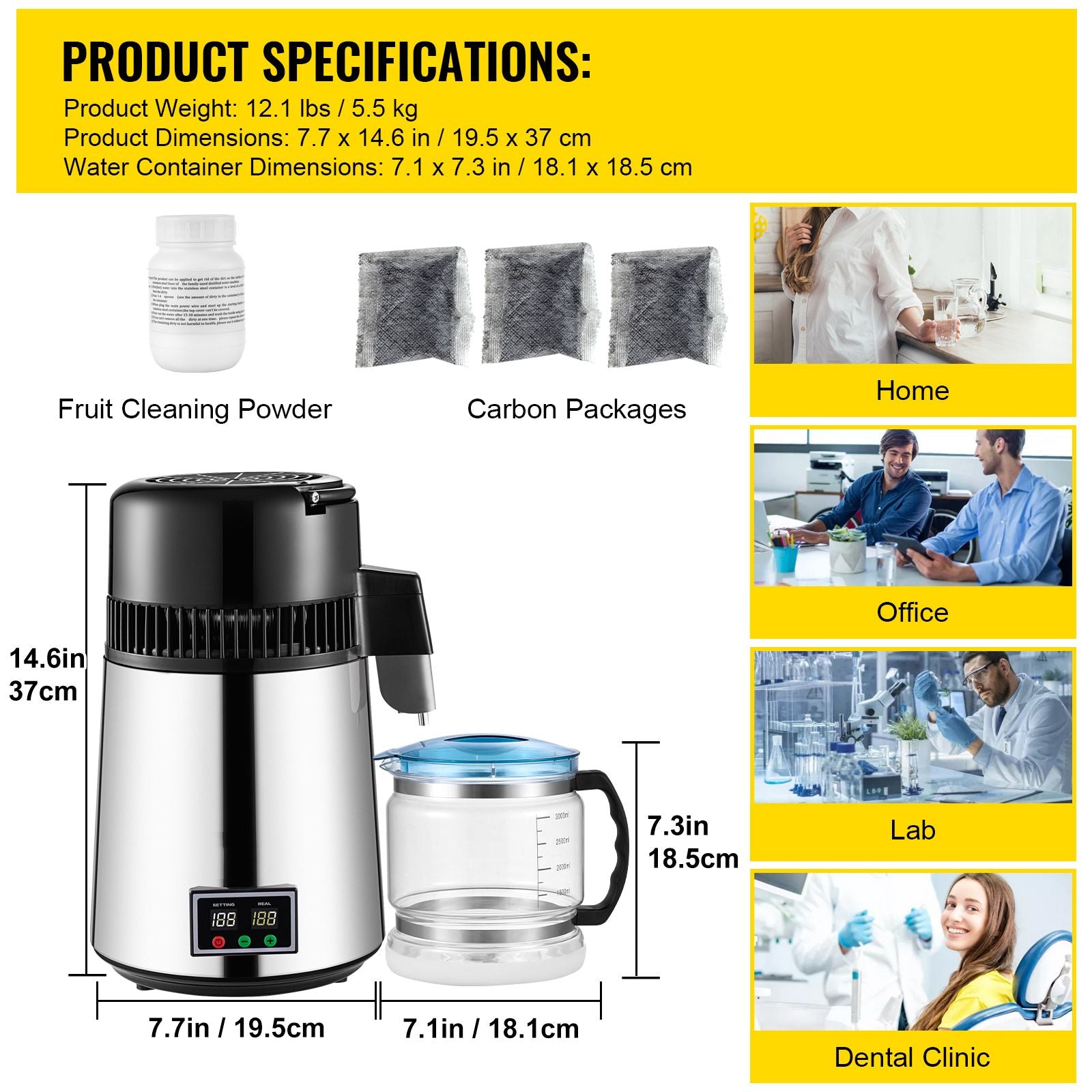 1.1 Gal Water Distiller, 0.3 Gal/H, 750W Distilled Water Maker Machine 0-99H Timing Set Temp Display, 304 Stainless Steel Countertop Distiller Glass Carafe Cleaning Powder 3 Carbon Packs, Silver