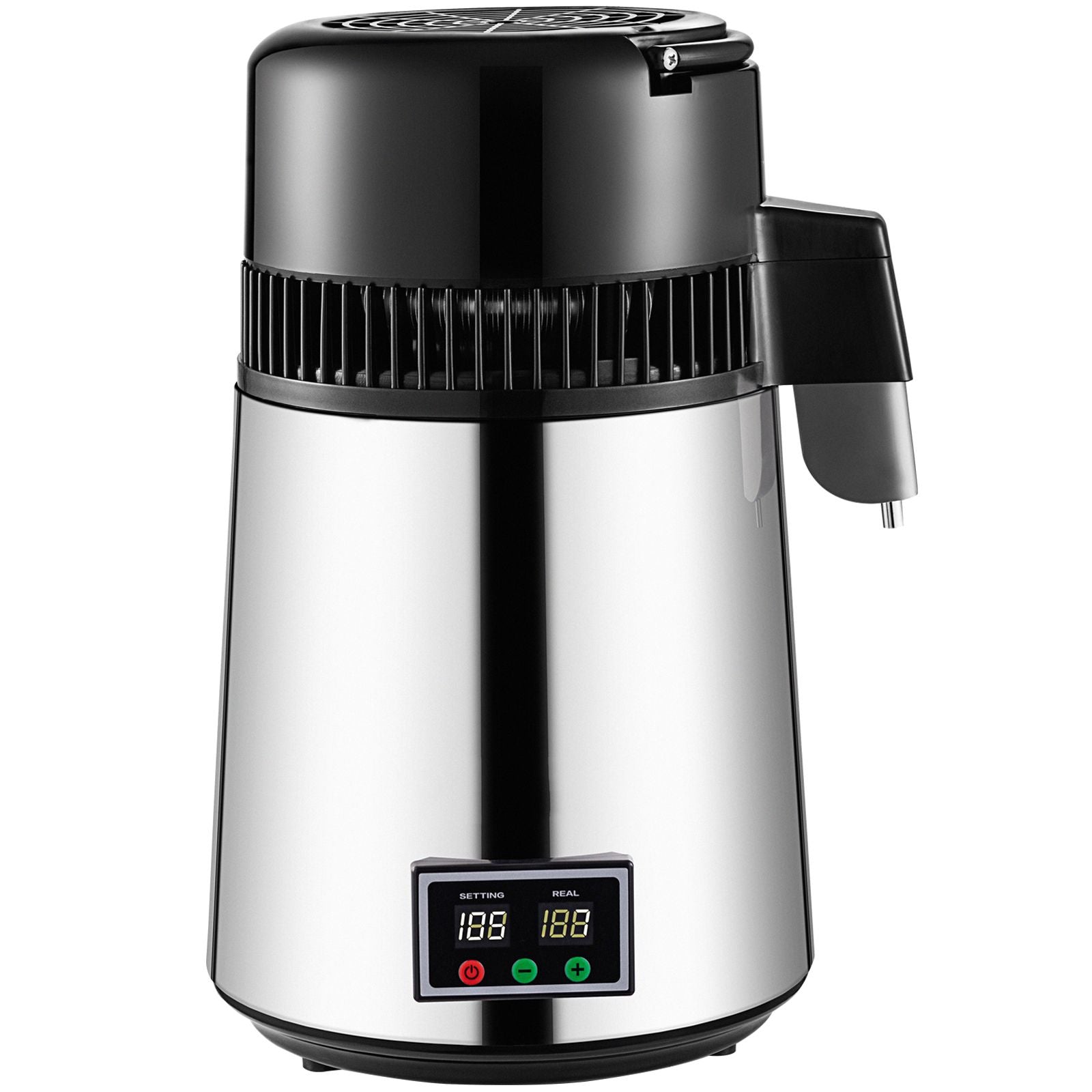 1.1 Gal Water Distiller, 0.3 Gal/H, 750W Distilled Water Maker Machine 0-99H Timing Set Temp Display, 304 Stainless Steel Countertop Distiller Glass Carafe Cleaning Powder 3 Carbon Packs, Silver