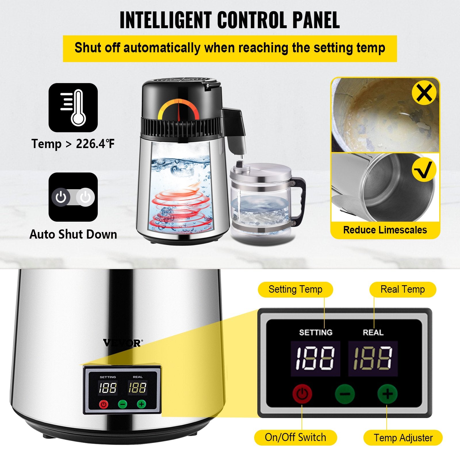 1.1 Gal Water Distiller, 0.3 Gal/H, 750W Distilled Water Maker Machine 0-99H Timing Set Temp Display, 304 Stainless Steel Countertop Distiller Glass Carafe Cleaning Powder 3 Carbon Packs, Silver