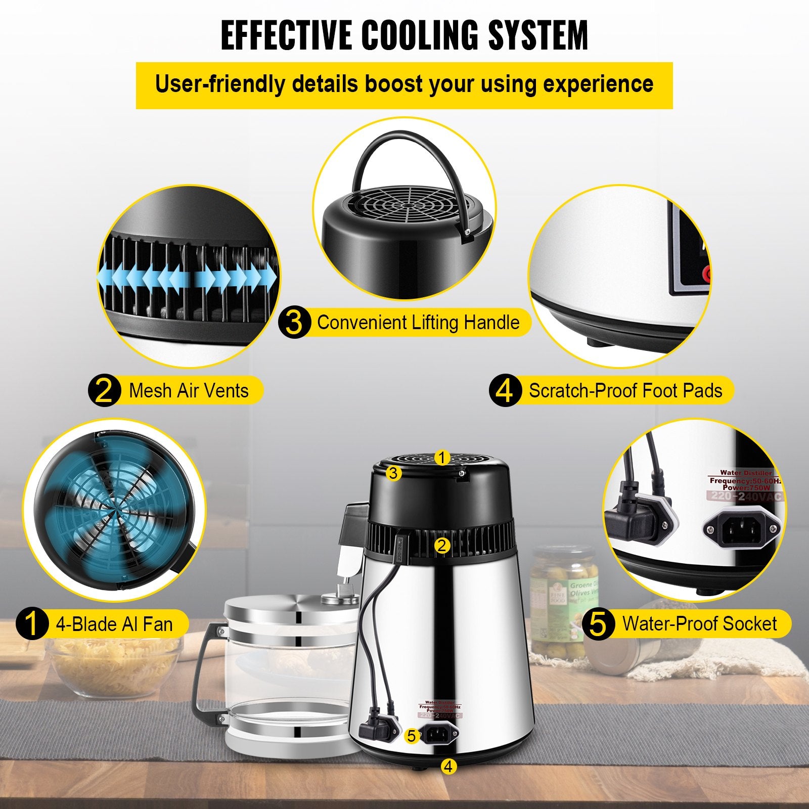 1.1 Gal Water Distiller, 0.3 Gal/H, 750W Distilled Water Maker Machine 0-99H Timing Set Temp Display, 304 Stainless Steel Countertop Distiller Glass Carafe Cleaning Powder 3 Carbon Packs, Silver