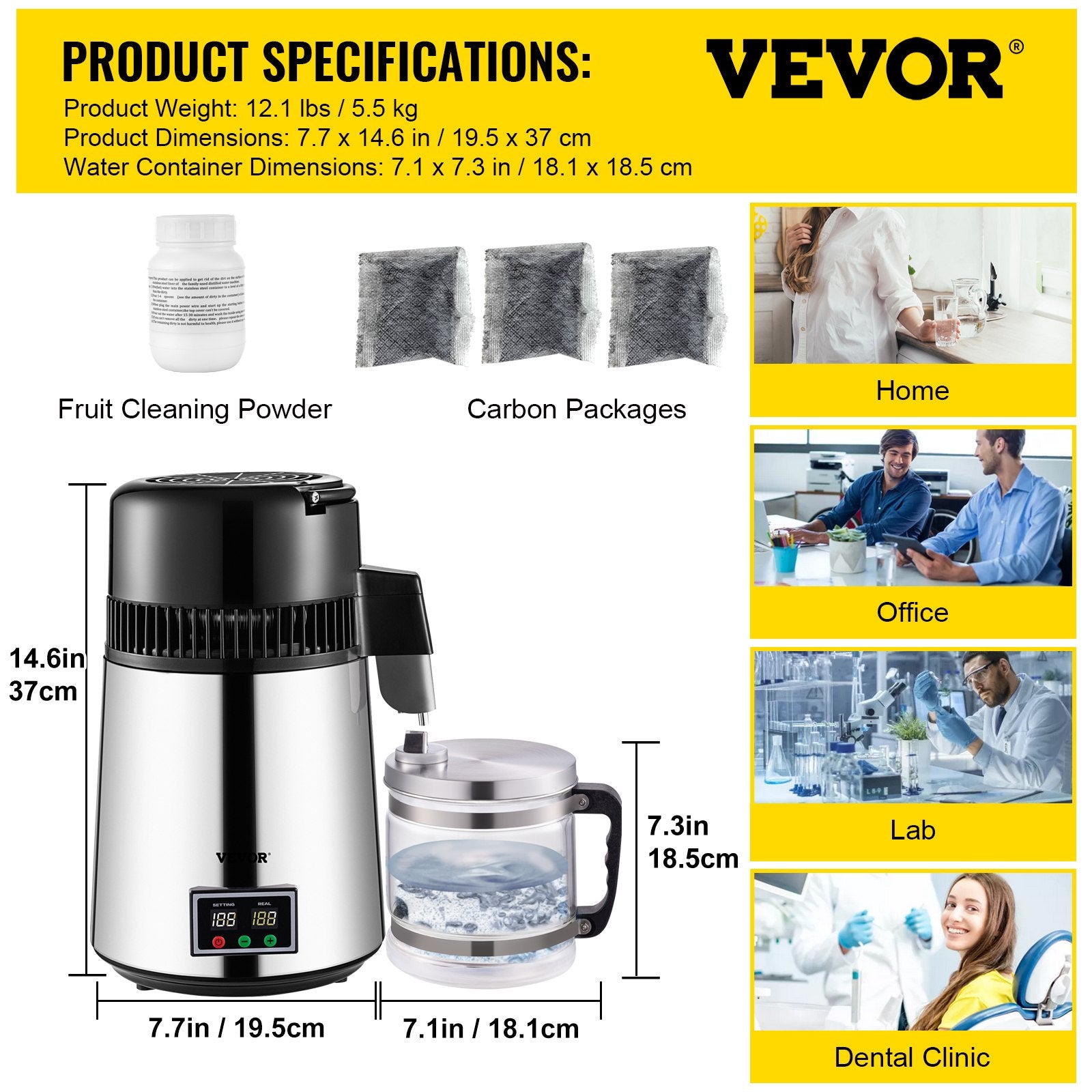 1.1 Gal Water Distiller, 0.3 Gal/H, 750W Distilled Water Maker Machine 0-99H Timing Set Temp Display, 304 Stainless Steel Countertop Distiller Glass Carafe Cleaning Powder 3 Carbon Packs, Silver