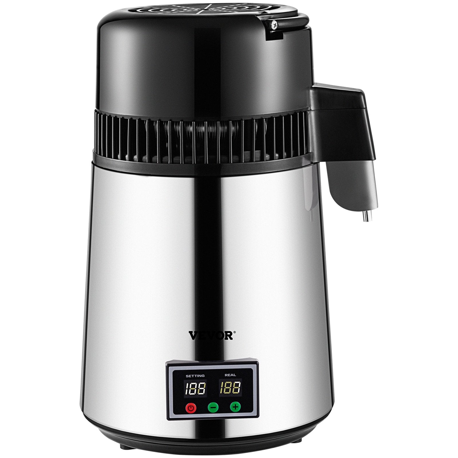 1.1 Gal Water Distiller, 0.3 Gal/H, 750W Distilled Water Maker Machine 0-99H Timing Set Temp Display, 304 Stainless Steel Countertop Distiller Glass Carafe Cleaning Powder 3 Carbon Packs, Silver