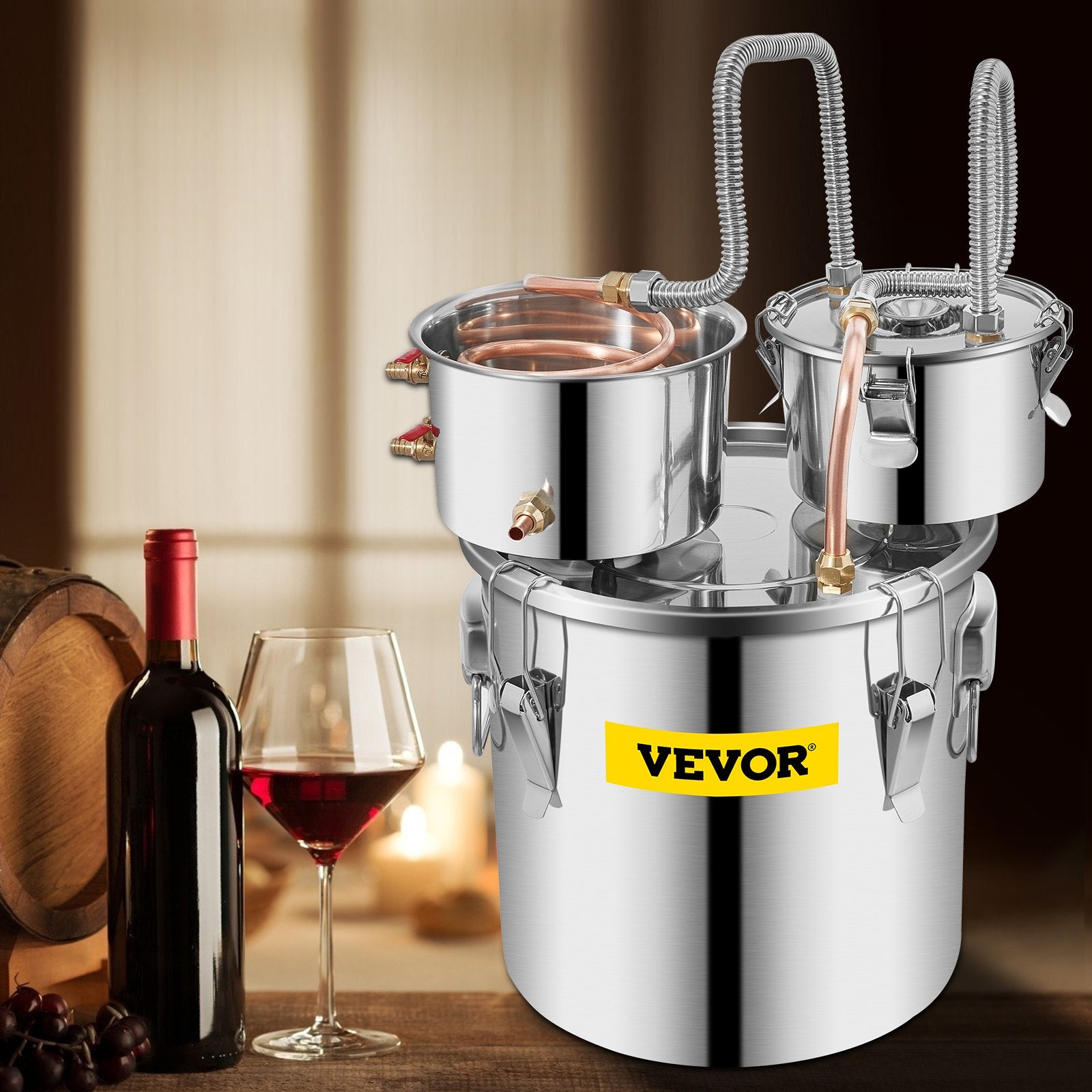 VEVOR Moonshine Still 5 Gal 21L Stainless Steel Water Alcohol Distiller Copper Tube Home Brewing Kit Build-in Thermometer for DIY Whisky Wine Brandy, 5GAL, 3 pots