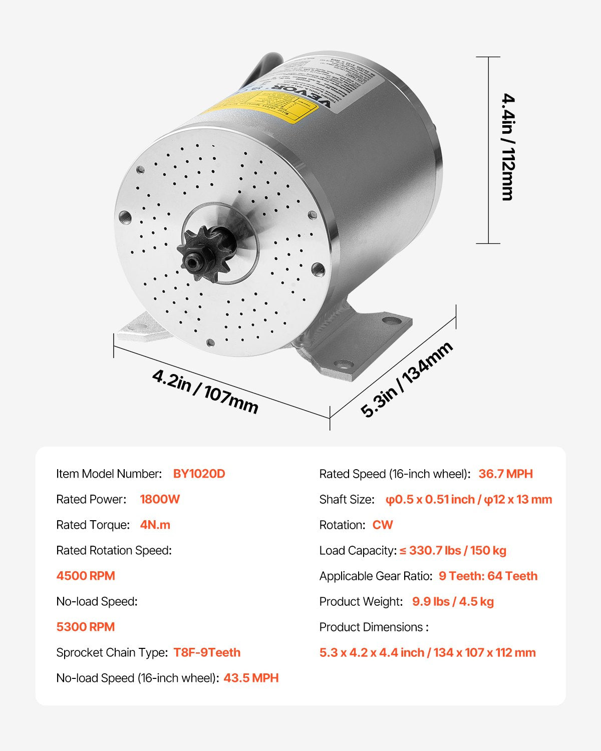 1800W Electric Brushless DC Motor 48V 4500rpm Motor for E-Bike Dirt Bike