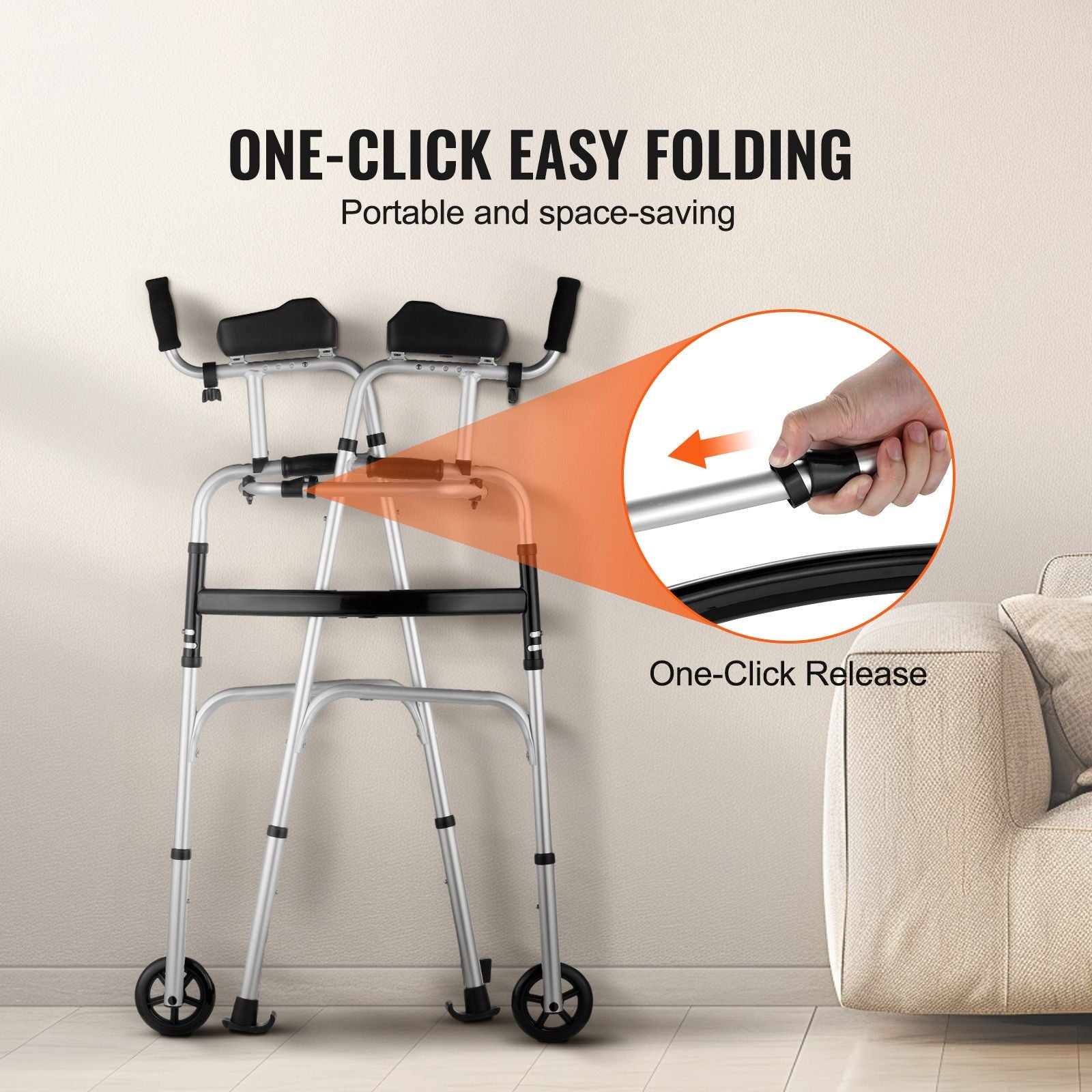 2-in-1 Folding Walker with Wheels Adjustable Armrests 450lbs Mobility Aid