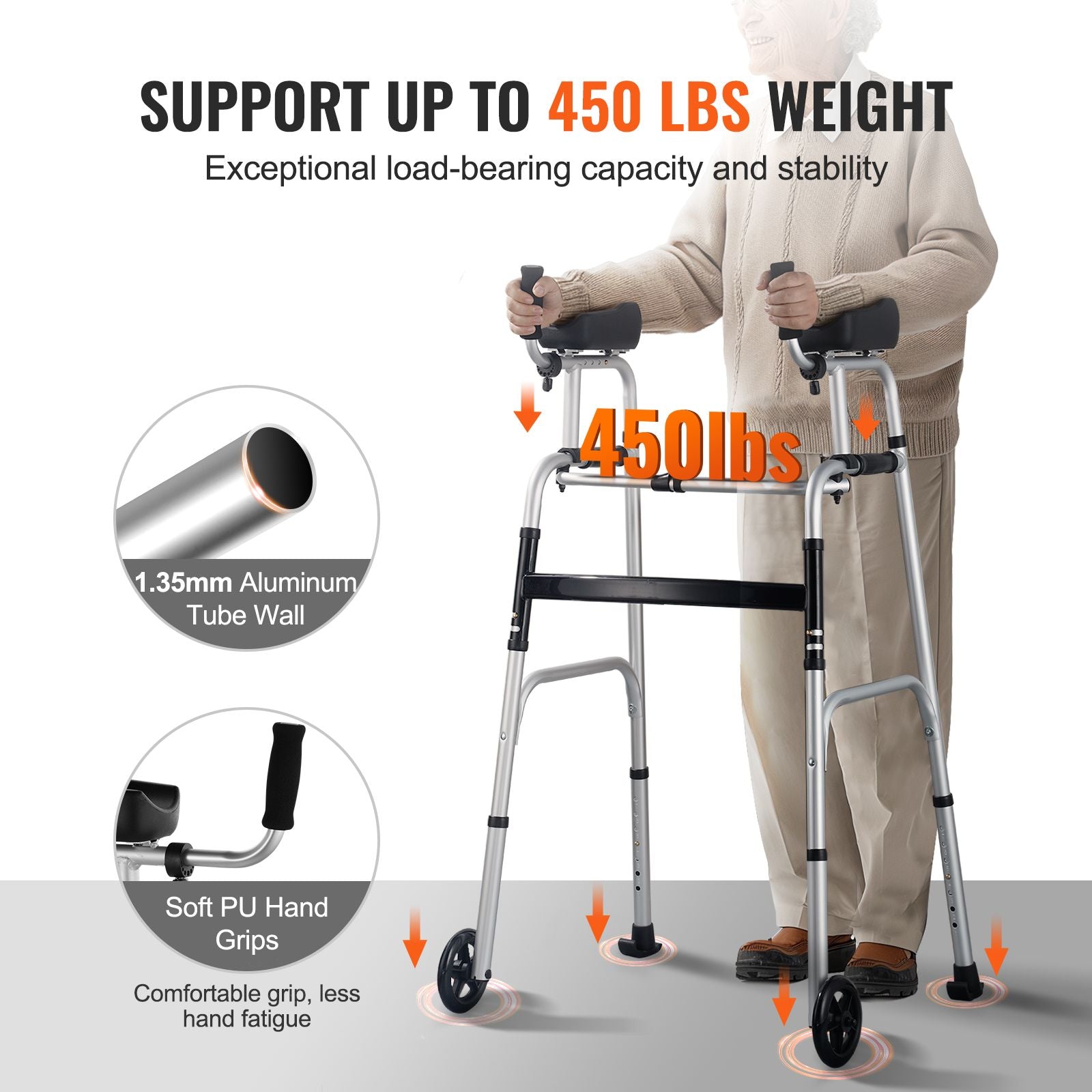 2-in-1 Folding Walker with Wheels Adjustable Armrests 450lbs Mobility Aid