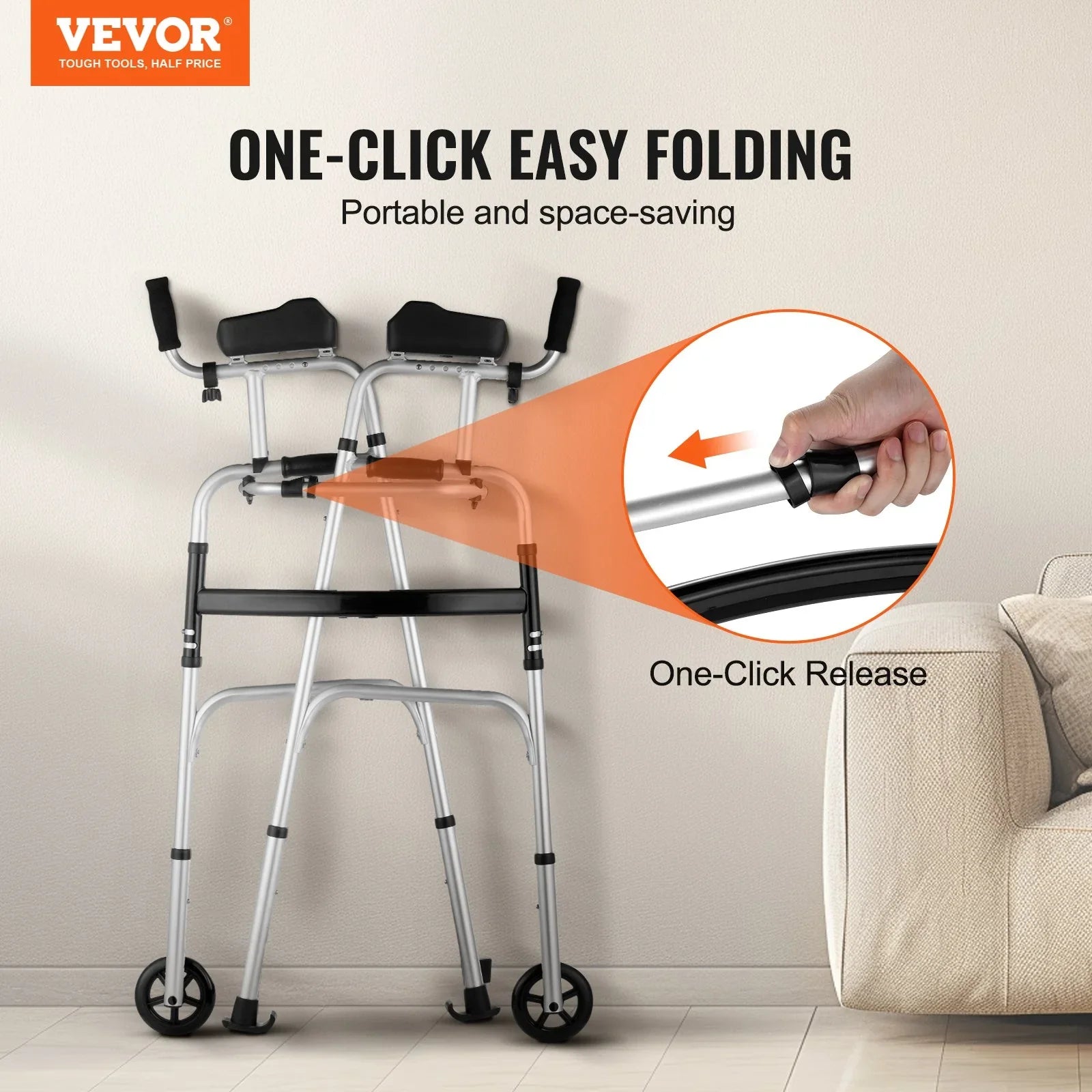 2 in 1 Folding Walker & Removable Armrests, Height Adjustable Foldable Walker with 5