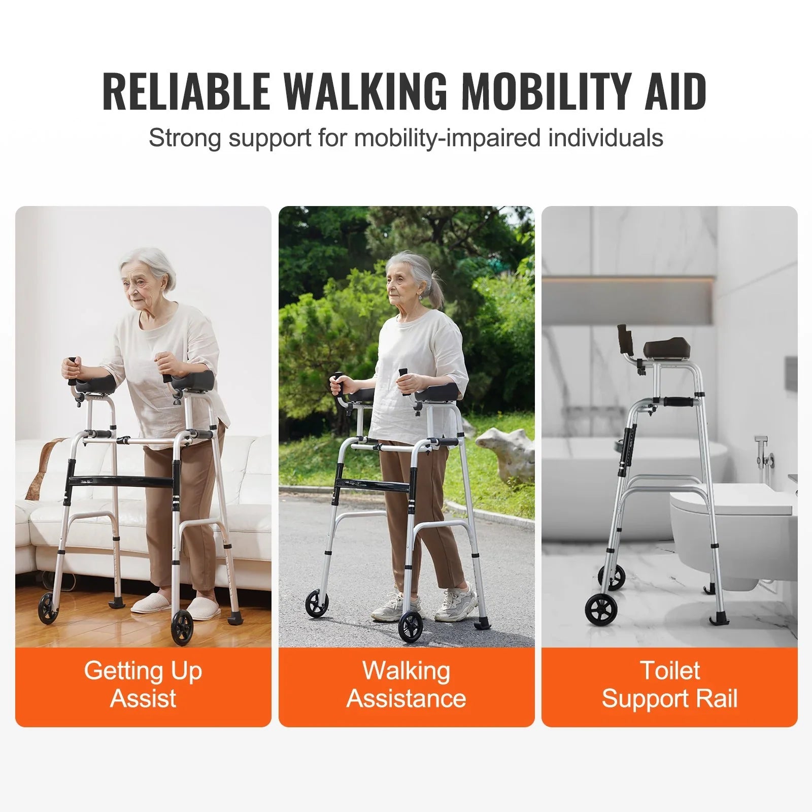 2 in 1 Folding Walker & Removable Armrests, Height Adjustable Foldable Walker with 5