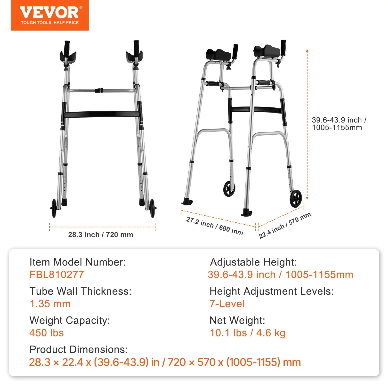 2 in 1 Folding Walker & Removable Armrests, Height Adjustable Foldable Walker with 5