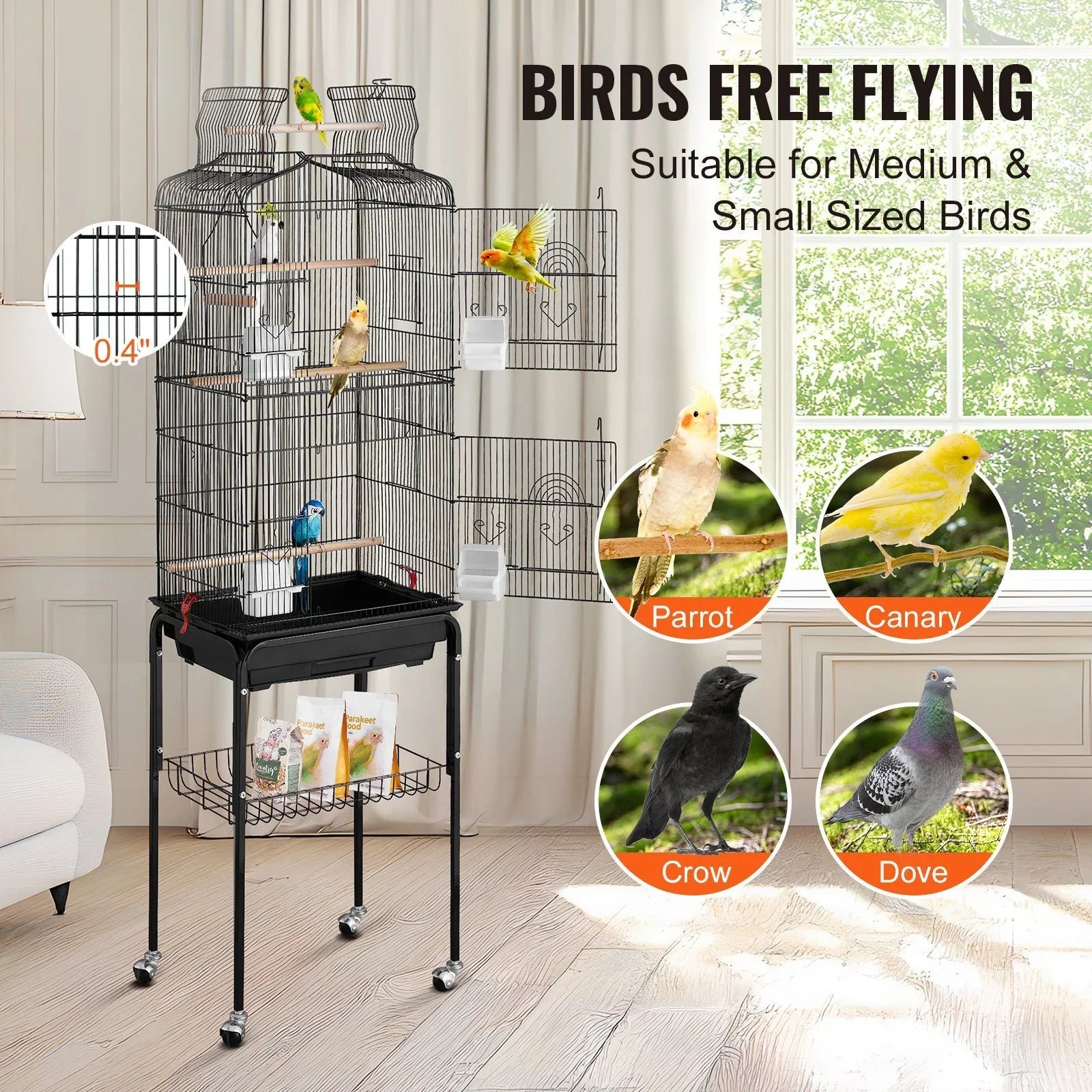 Large Bird Cage, 62 in, Open Top Parakeet Cage with Rolling Stand,  Steel Bird Flight Cage with Removable Tray, Budgie Birdcage with 4 Perches, Parrot Cage for Lovebirds Cockatiels Pet Toy