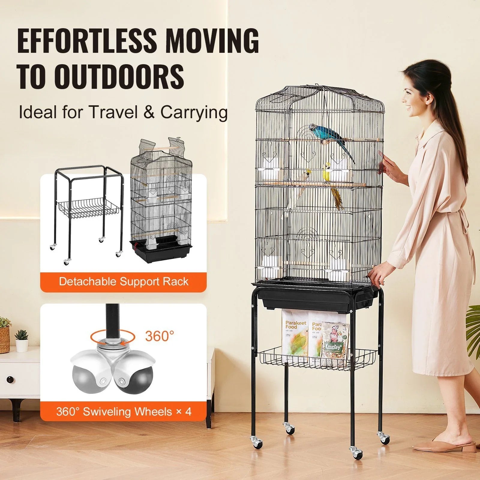 Large Bird Cage, 62 in, Open Top Parakeet Cage with Rolling Stand,  Steel Bird Flight Cage with Removable Tray, Budgie Birdcage with 4 Perches, Parrot Cage for Lovebirds Cockatiels Pet Toy