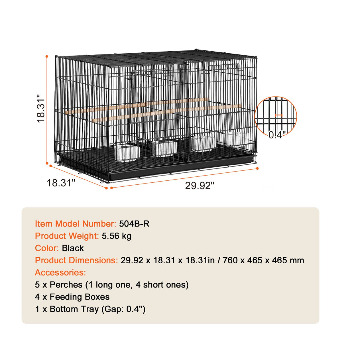 Bird Cage, 18 in, Small Parakeet Cage with Divider, Sturdy Metal Bird Flight Cage, Travel Birdcage with 5 Perches & 4 Feeding Cups, Parrot Cage for Canaries Lovebirds Cockatiels Budgie, Black