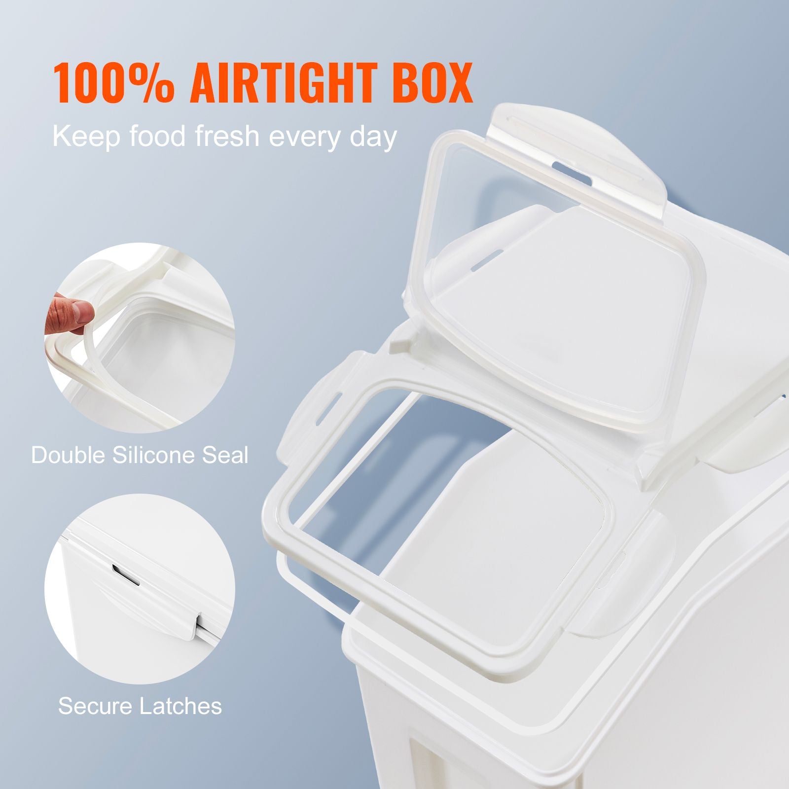 Ingredient Storage Bin, 2 x 15L Dispenser Bin with 2 Measuring Cups, Attachable Casters and Airtight Lid, 2 Pcs/Set Dog Pet Food Storage Container, PP Material Kitchen Rice Cereal Flour Bin