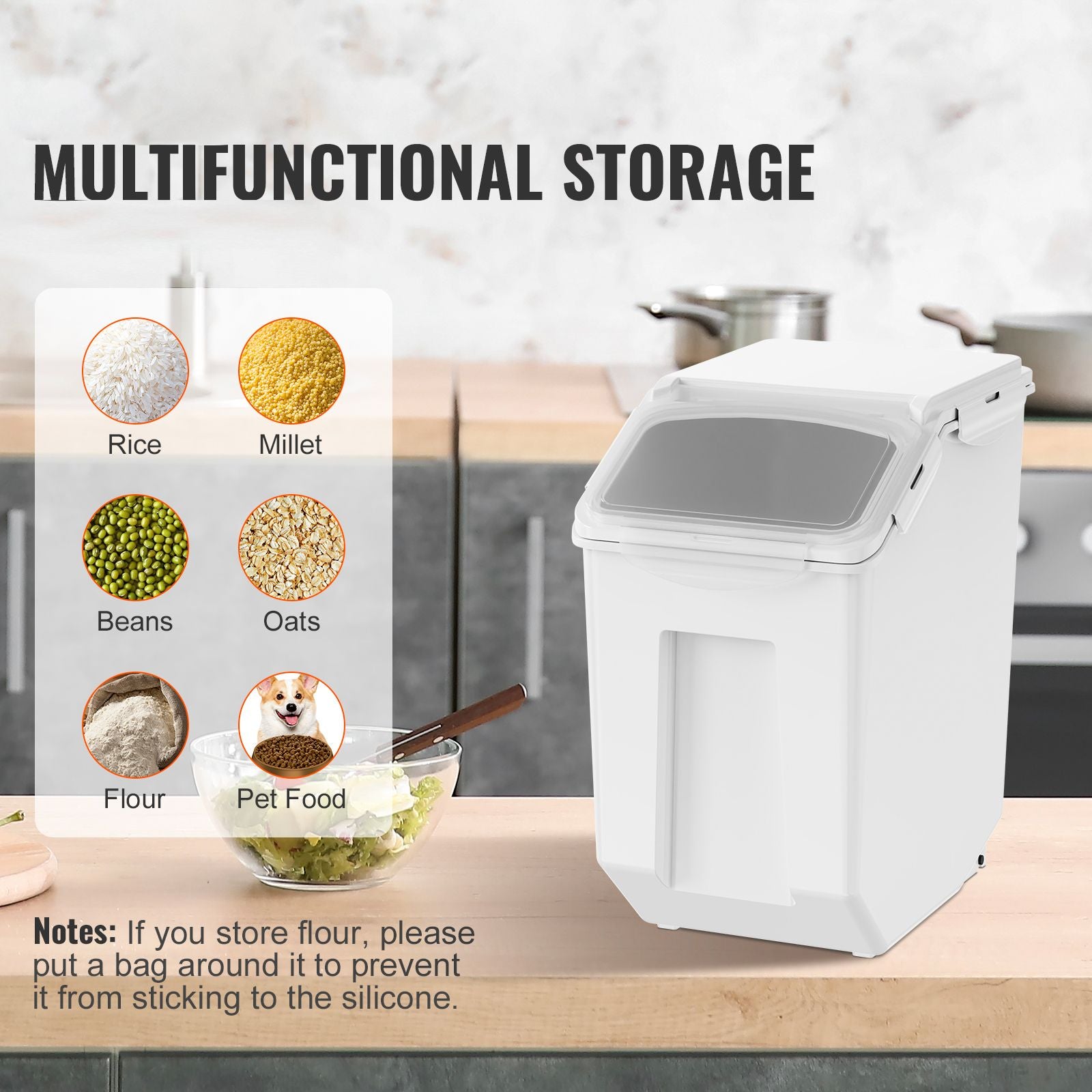Ingredient Storage Bin, 2 x 15L Dispenser Bin with 2 Measuring Cups, Attachable Casters and Airtight Lid, 2 Pcs/Set Dog Pet Food Storage Container, PP Material Kitchen Rice Cereal Flour Bin