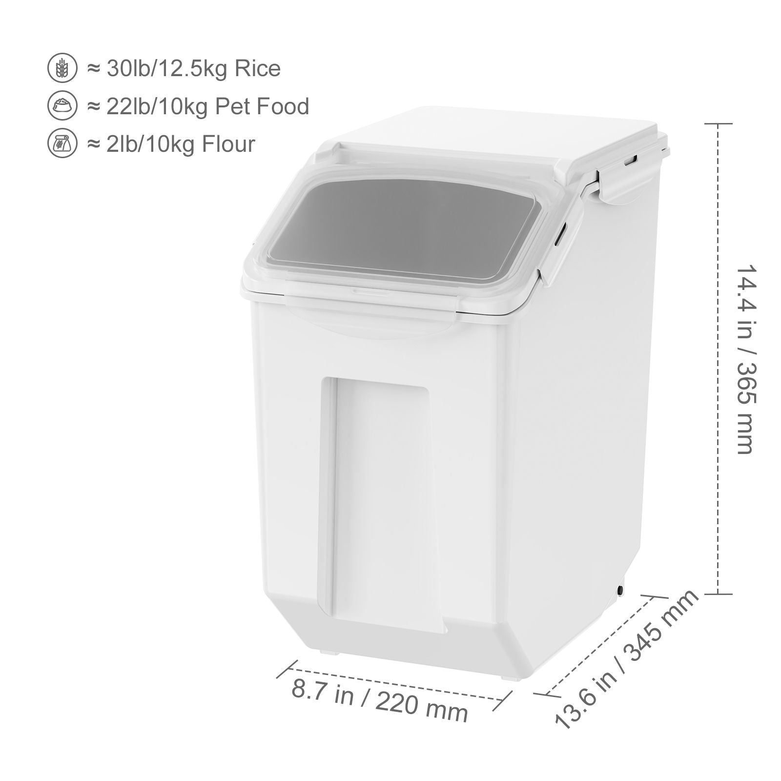 Ingredient Storage Bin, 2 x 15L Dispenser Bin with 2 Measuring Cups, Attachable Casters and Airtight Lid, 2 Pcs/Set Dog Pet Food Storage Container, PP Material Kitchen Rice Cereal Flour Bin