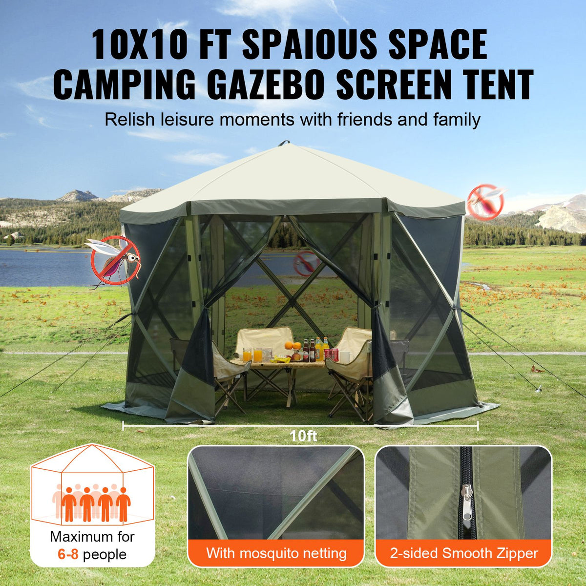 10x10FT Pop Up Screen Tent Gazebo with Mosquito Netting Privacy Cloths